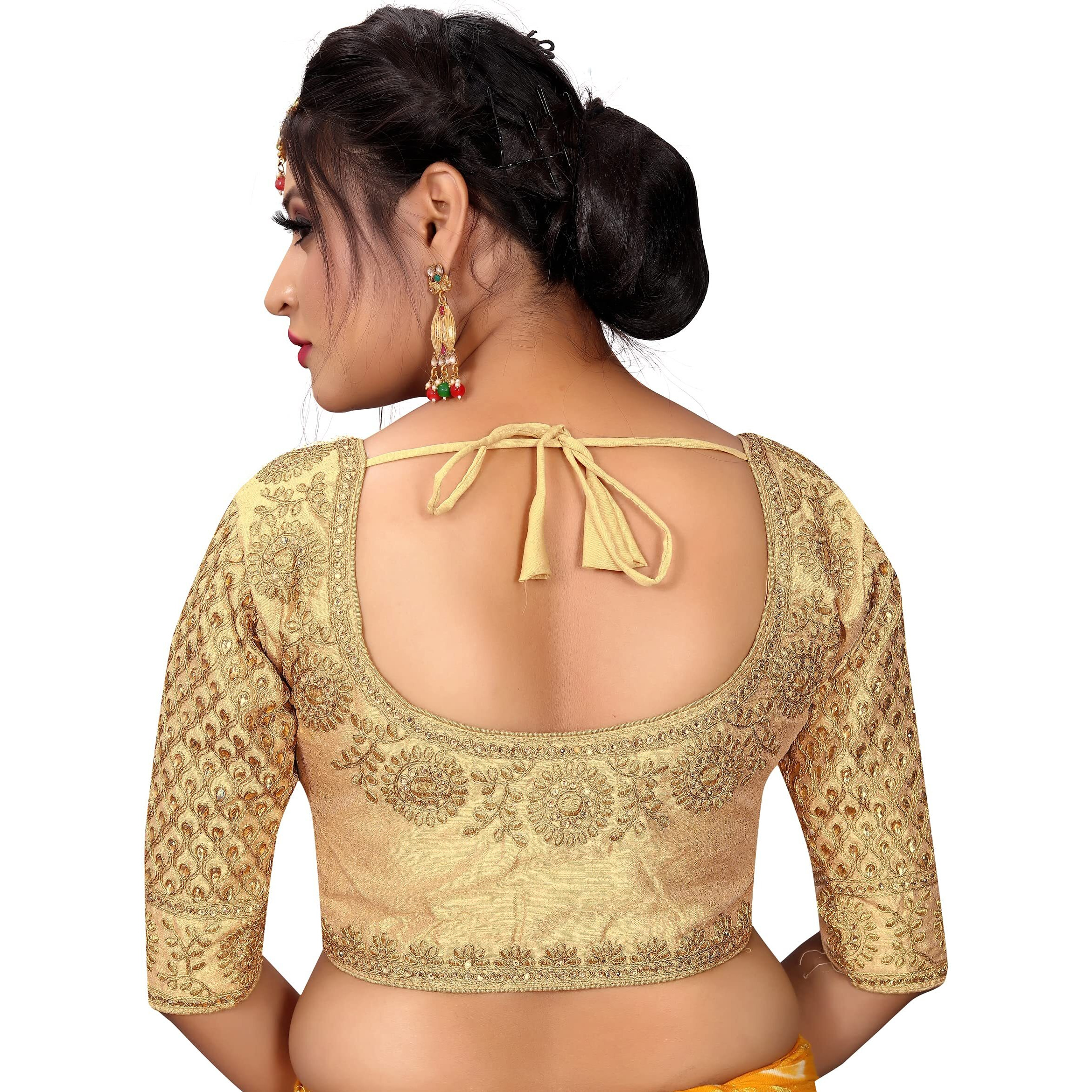 SumairaTex Women's Silk Embroidery Half Sleeve Blouse (Mayurpankh Blouse_Gold_38)