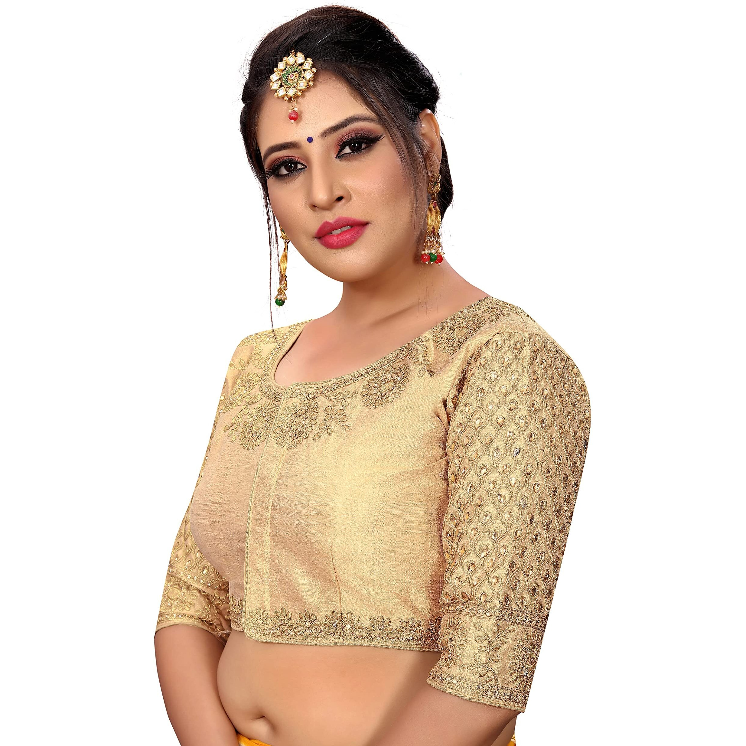 SumairaTex Women's Silk Embroidery Half Sleeve Blouse (Mayurpankh Blouse_Gold_38)