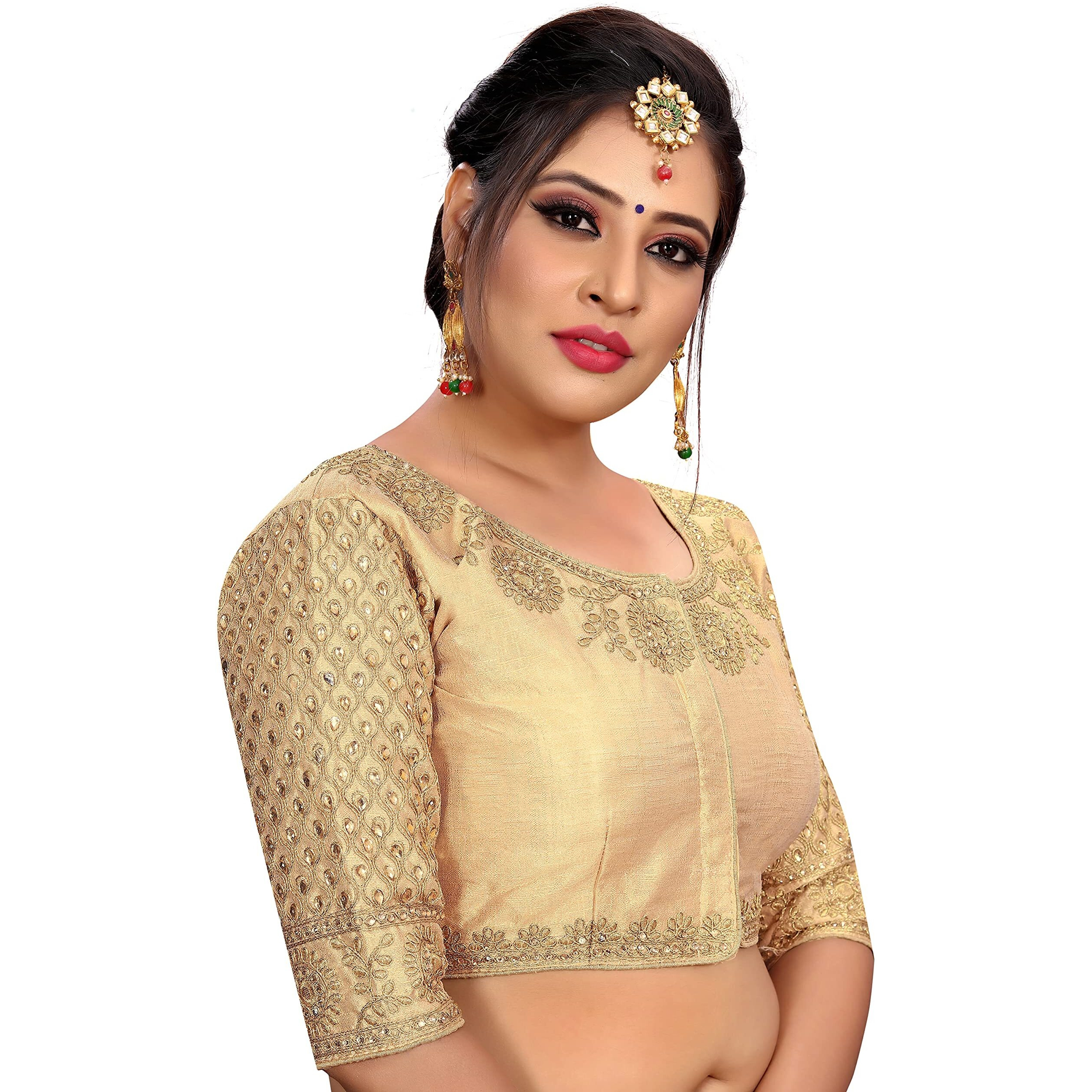 SumairaTex Women's Silk Embroidery Half Sleeve Blouse (Mayurpankh Blouse_Gold_38)