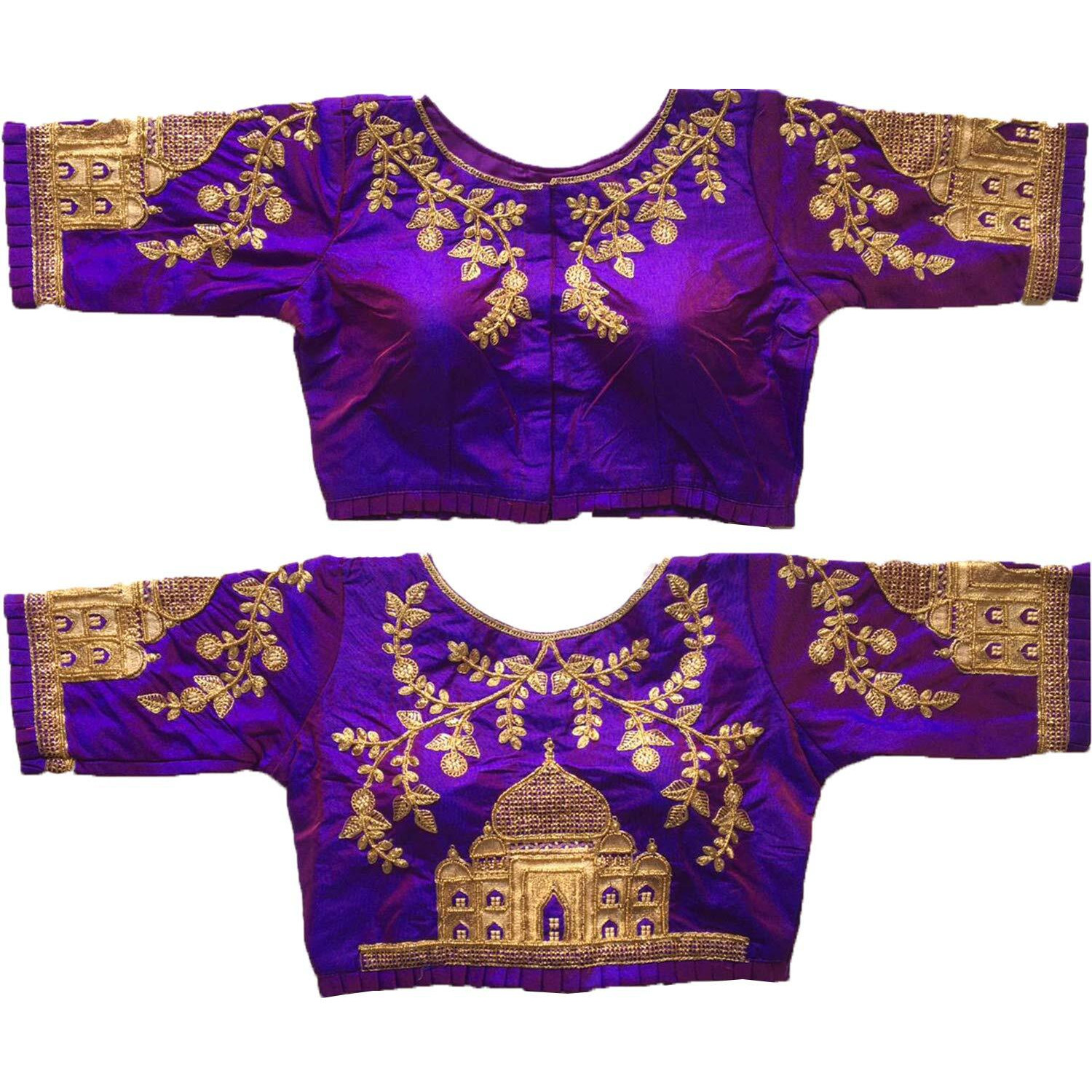 Pujia Mills Women's Multicolor Heavy Hand Embroidery Taj Mahal Design Work Khatli Work Phantom Silk Readymade Saree Half Sleeve Blouse (Mum taj Blouse_2 Shade Purple 38)