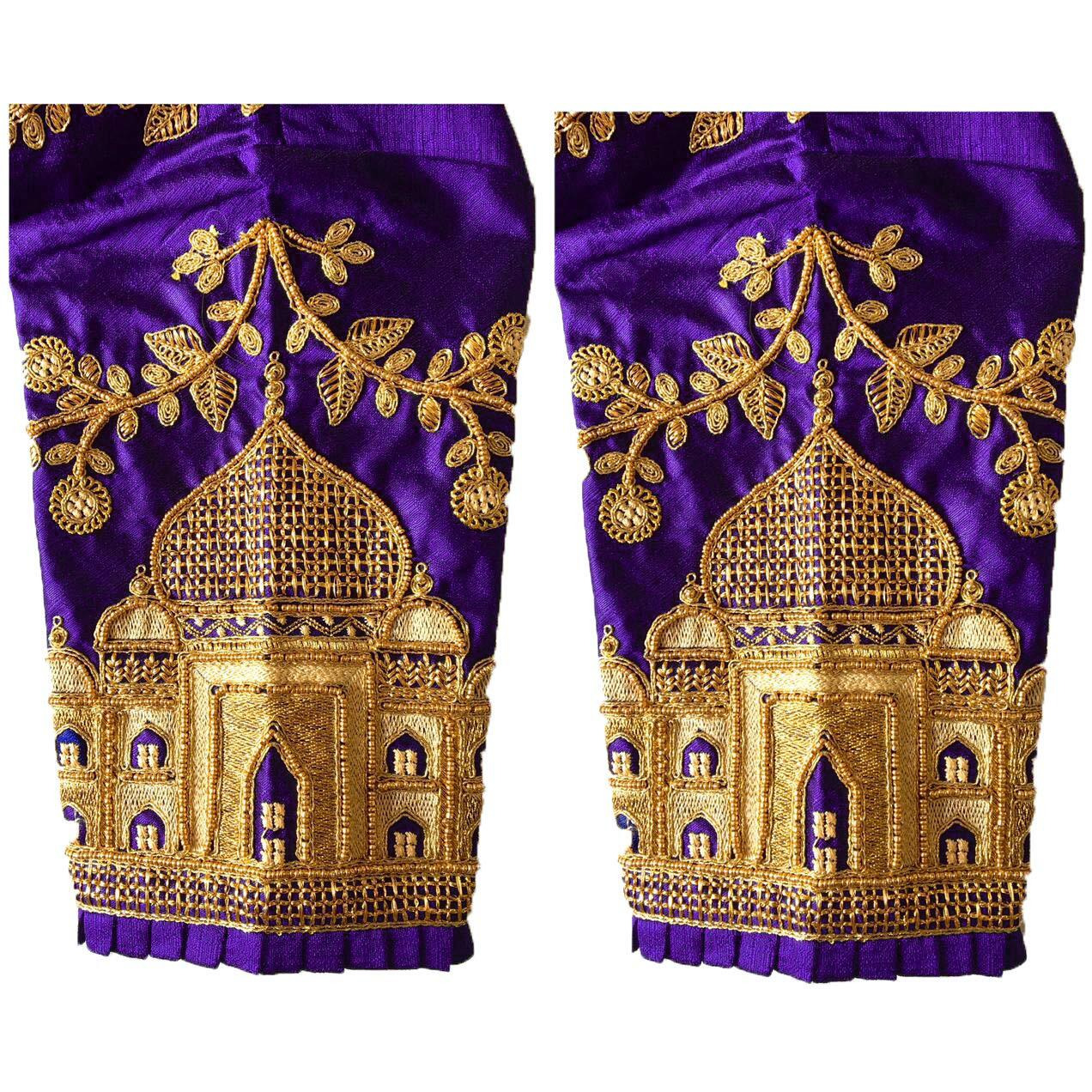 Pujia Mills Women's Multicolor Heavy Hand Embroidery Taj Mahal Design Work Khatli Work Phantom Silk Readymade Saree Half Sleeve Blouse (Mum taj Blouse_2 Shade Purple 38)