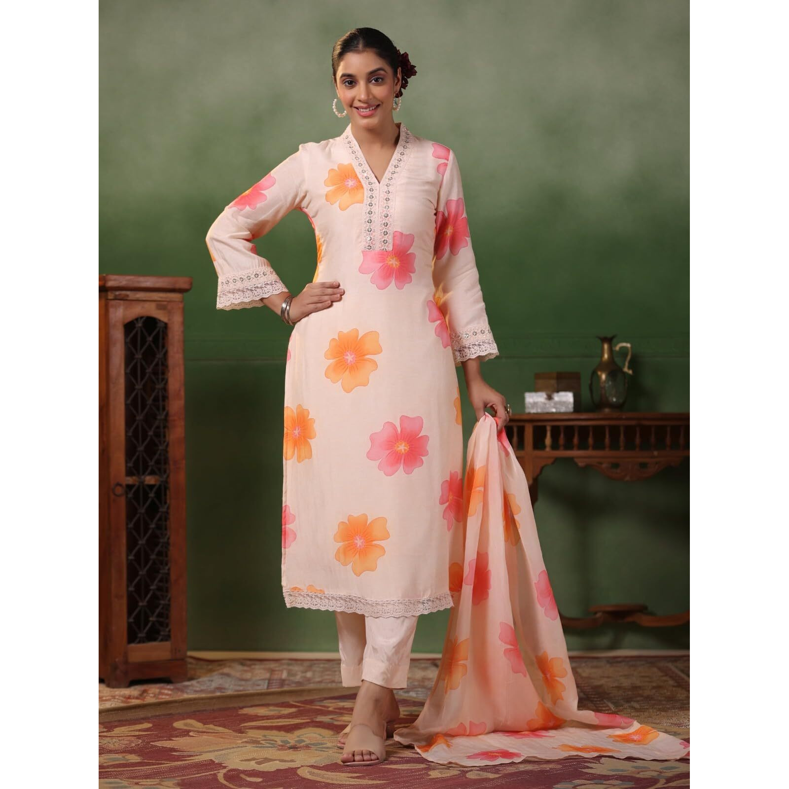 Naixa Women's Peach French Crepe Embroidered and Printed Straight Kurta with Viscose Rayon Pant and Organza Printed Dupatta Sets (NX-S-Sitara-Peach-XXL)