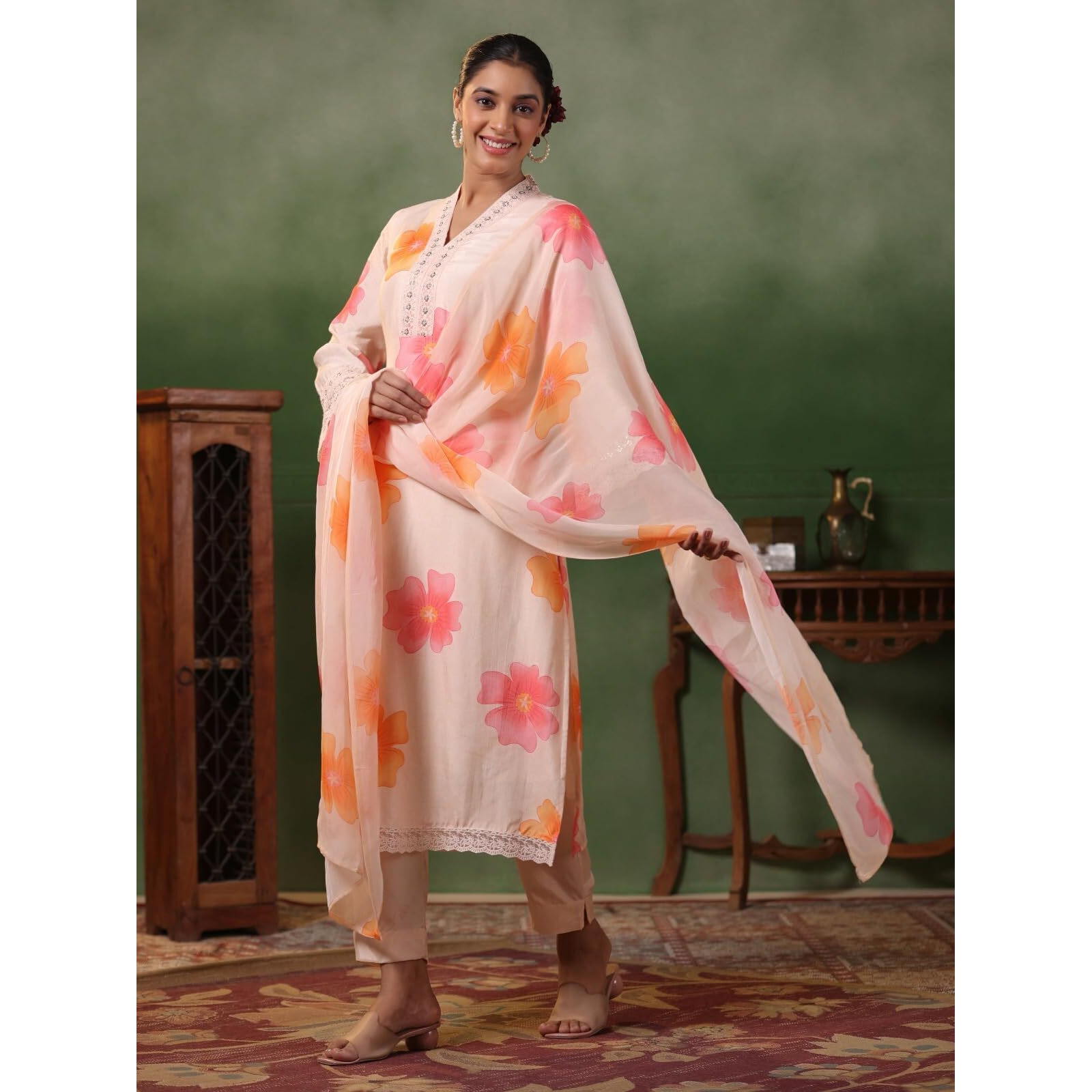 Naixa Women's Peach French Crepe Embroidered and Printed Straight Kurta with Viscose Rayon Pant and Organza Printed Dupatta Sets (NX-S-Sitara-Peach-XXL)