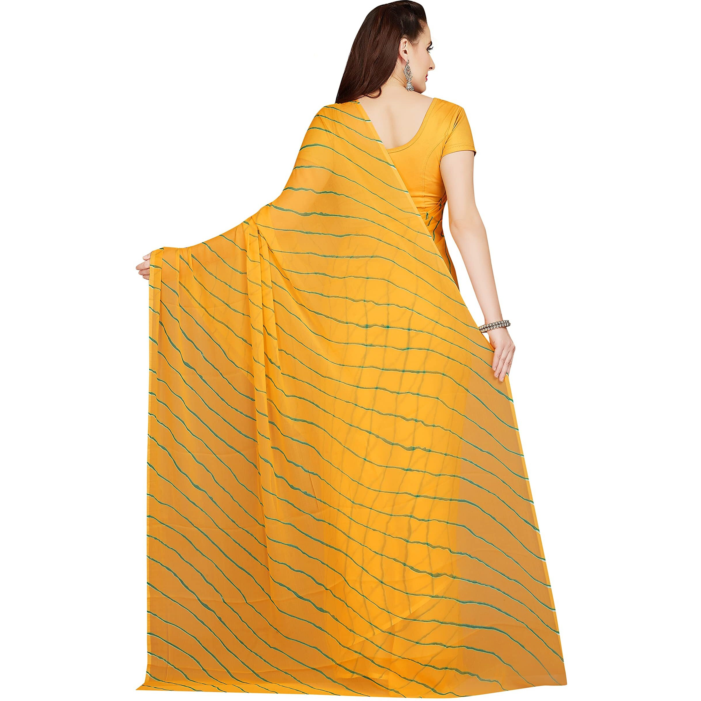 RANI SAAHIBA Women's Chiffon Saree without Blouse Piece (Gold-Green)
