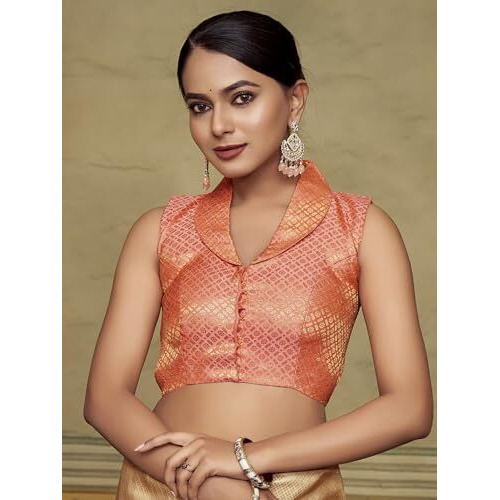 Vardha Women's Brocade Sleeveless Padded Saree Blouse for Women with Collar Neck (Rani)