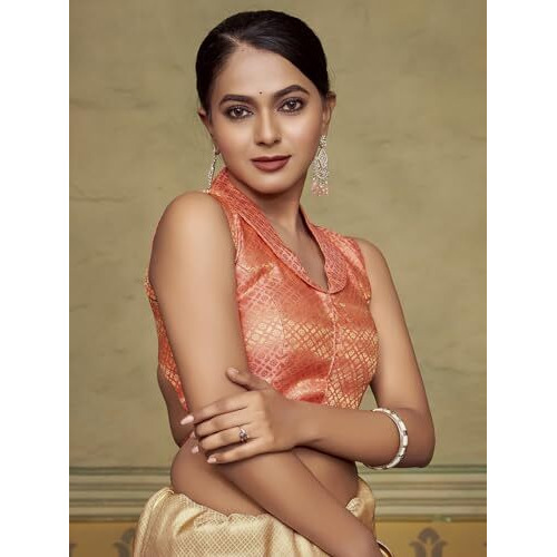 Vardha Women's Brocade Sleeveless Padded Saree Blouse for Women with Collar Neck (Rani)