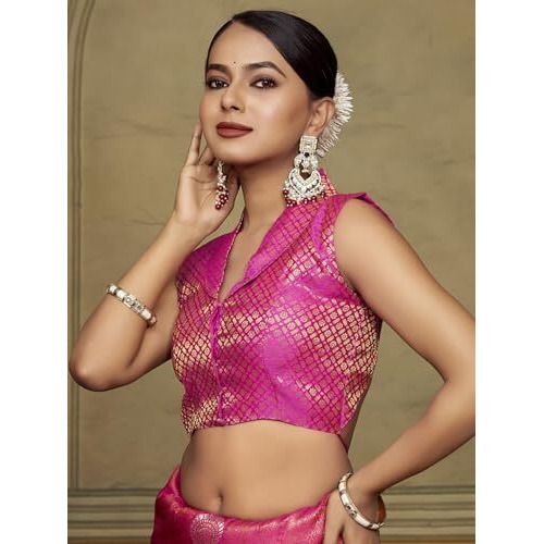 Vardha Women's Brocade Sleeveless Padded Saree Blouse for Women with Collar Neck (Rani)