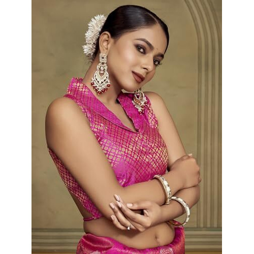 Vardha Women's Brocade Sleeveless Padded Saree Blouse for Women with Collar Neck (Rani)
