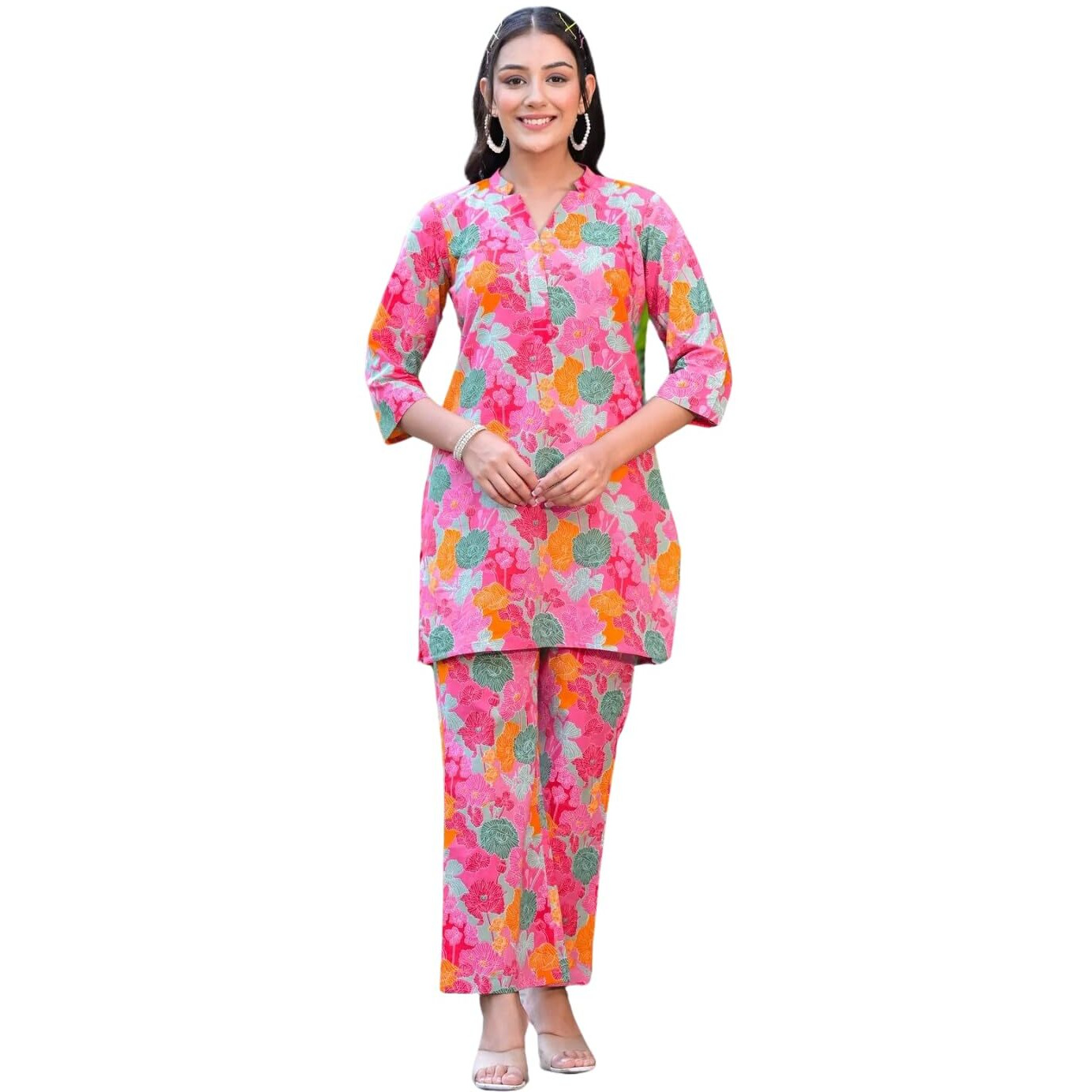 Leriya Fashion Women Ethnic Kurta Set | Cotton Blend Kalista Co-Ord Set | Casual Wear Pant Top Set | Fancy Pajama Set | Pack of 2 | Floral Printed Top & Pant Set (Large, Pink) LF-K-W1728&TR819