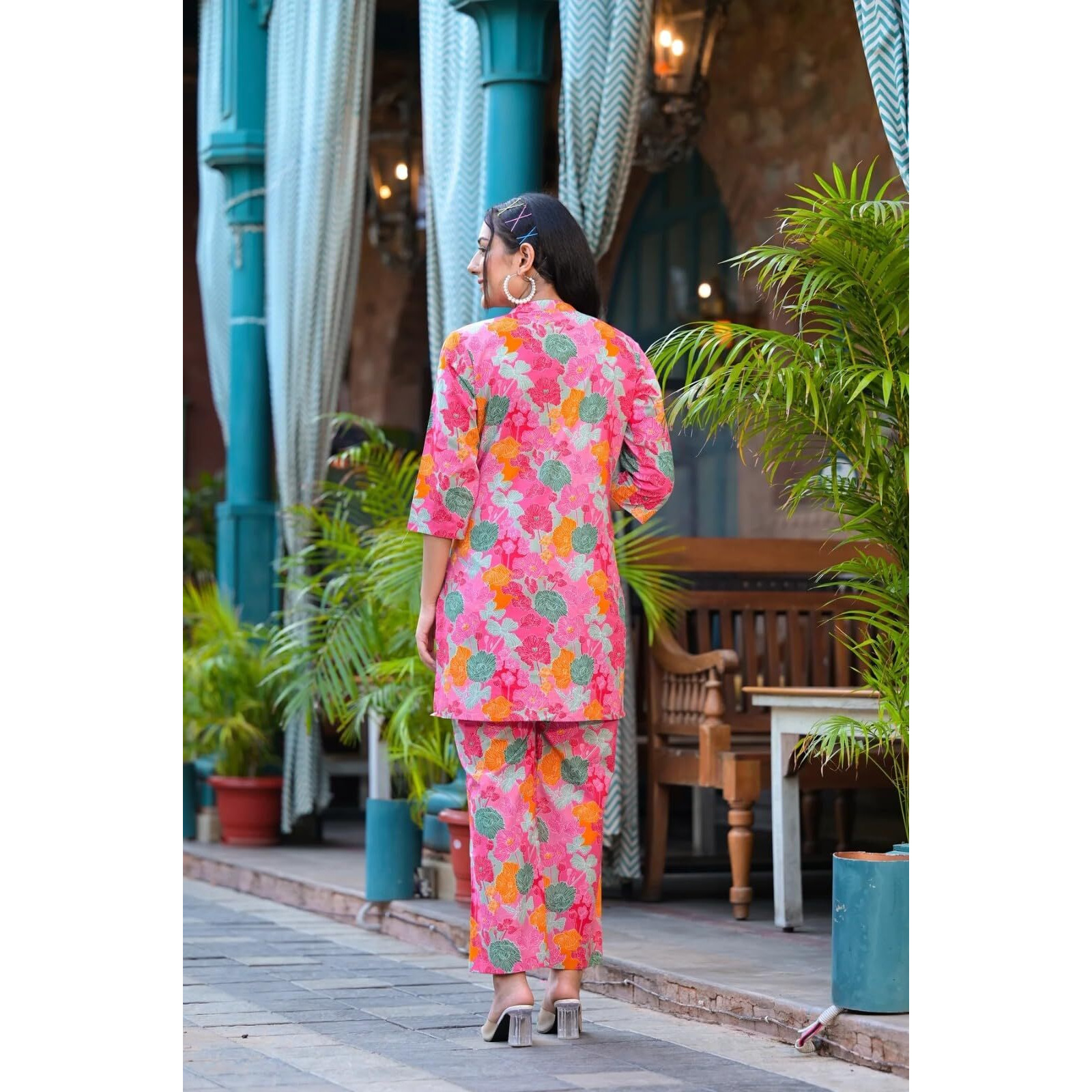 Leriya Fashion Women Ethnic Kurta Set | Cotton Blend Kalista Co-Ord Set | Casual Wear Pant Top Set | Fancy Pajama Set | Pack of 2 | Floral Printed Top & Pant Set (Large, Pink) LF-K-W1728&TR819