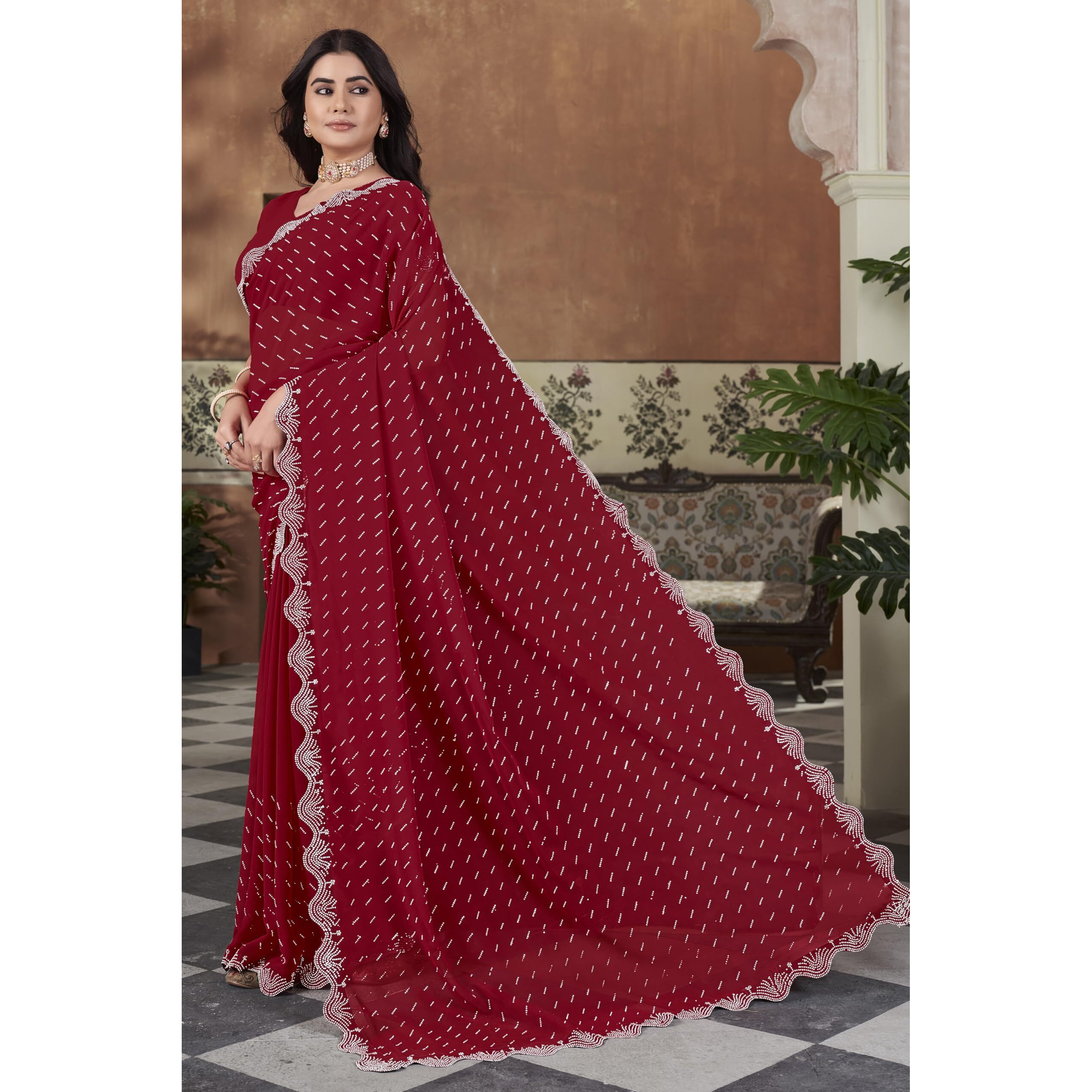 Glory Sarees Women's Georgette Swarovski Saree With Blouse Piece (SwarovskiSarees_Red)