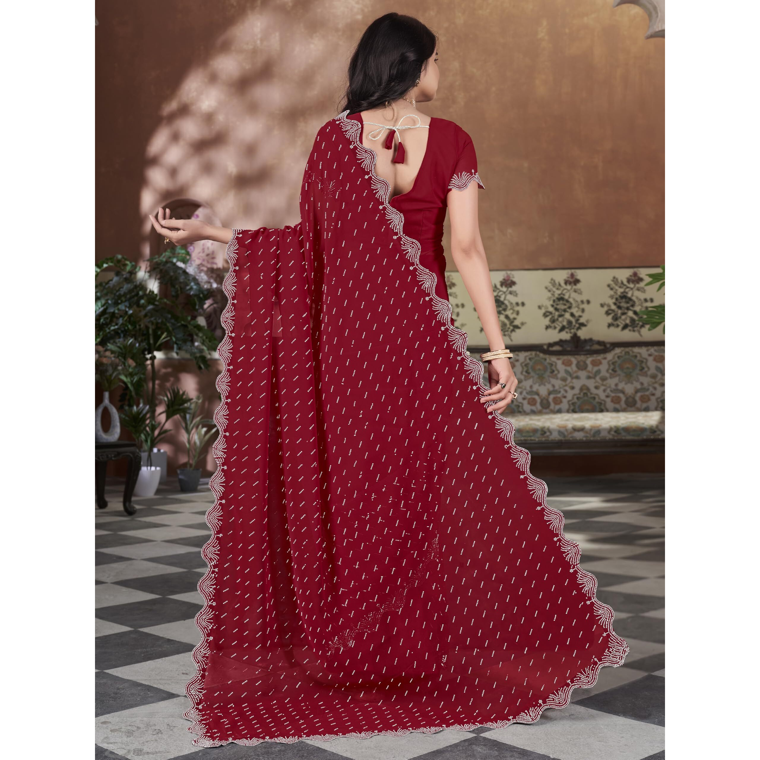 Glory Sarees Women's Georgette Swarovski Saree With Blouse Piece (SwarovskiSarees_Red)
