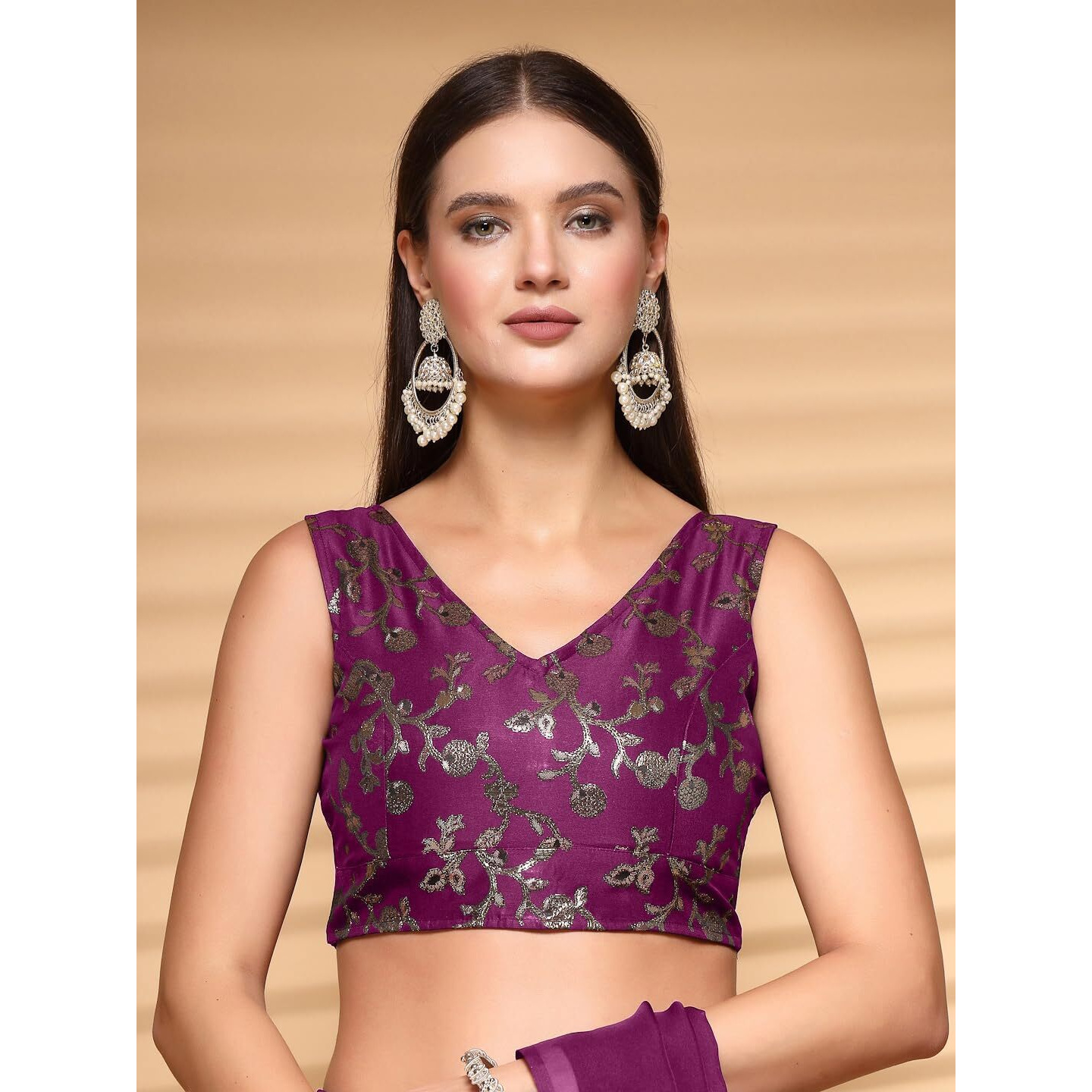 OOMPH Readymade Blouse for Women, Brocade, Sleeveless, V-Neck, rbbl697