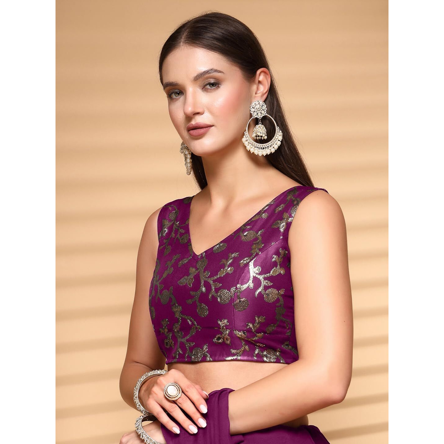 OOMPH Readymade Blouse for Women, Brocade, Sleeveless, V-Neck, rbbl697