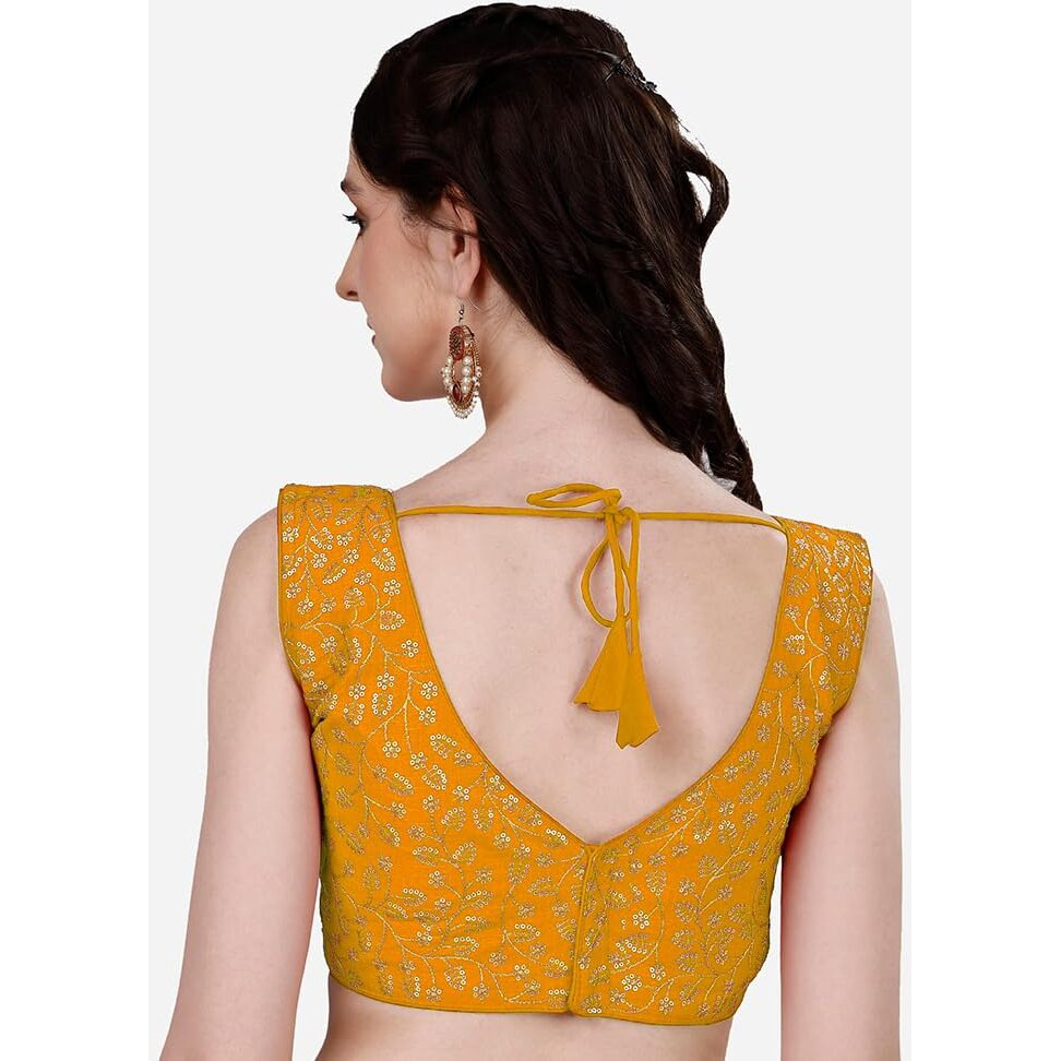 Pujia Mills Women's Sleeveless Blouse for Women Yellow Sleeveless Blouse Readymade Embroidery Work Blouse Sleeveless Saree Blouse Choli for Women aari Blouse Readymade (Krishnam Yellow 38)