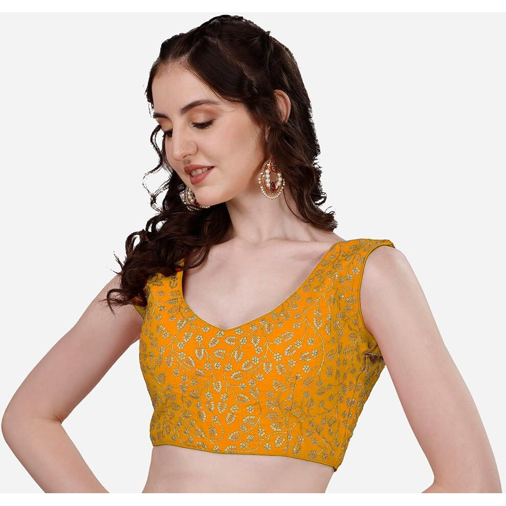 Pujia Mills Women's Sleeveless Blouse for Women Yellow Sleeveless Blouse Readymade Embroidery Work Blouse Sleeveless Saree Blouse Choli for Women aari Blouse Readymade (Krishnam Yellow 38)