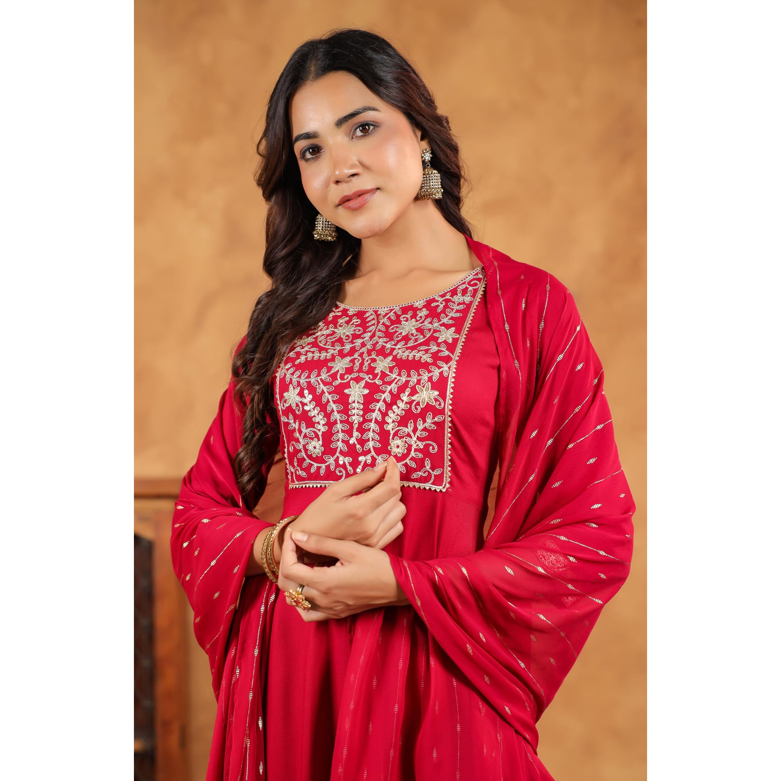 Janasya Women's Pink Rayon Embroidered Anarkali Kurta Set (JAB24ST00971-L)