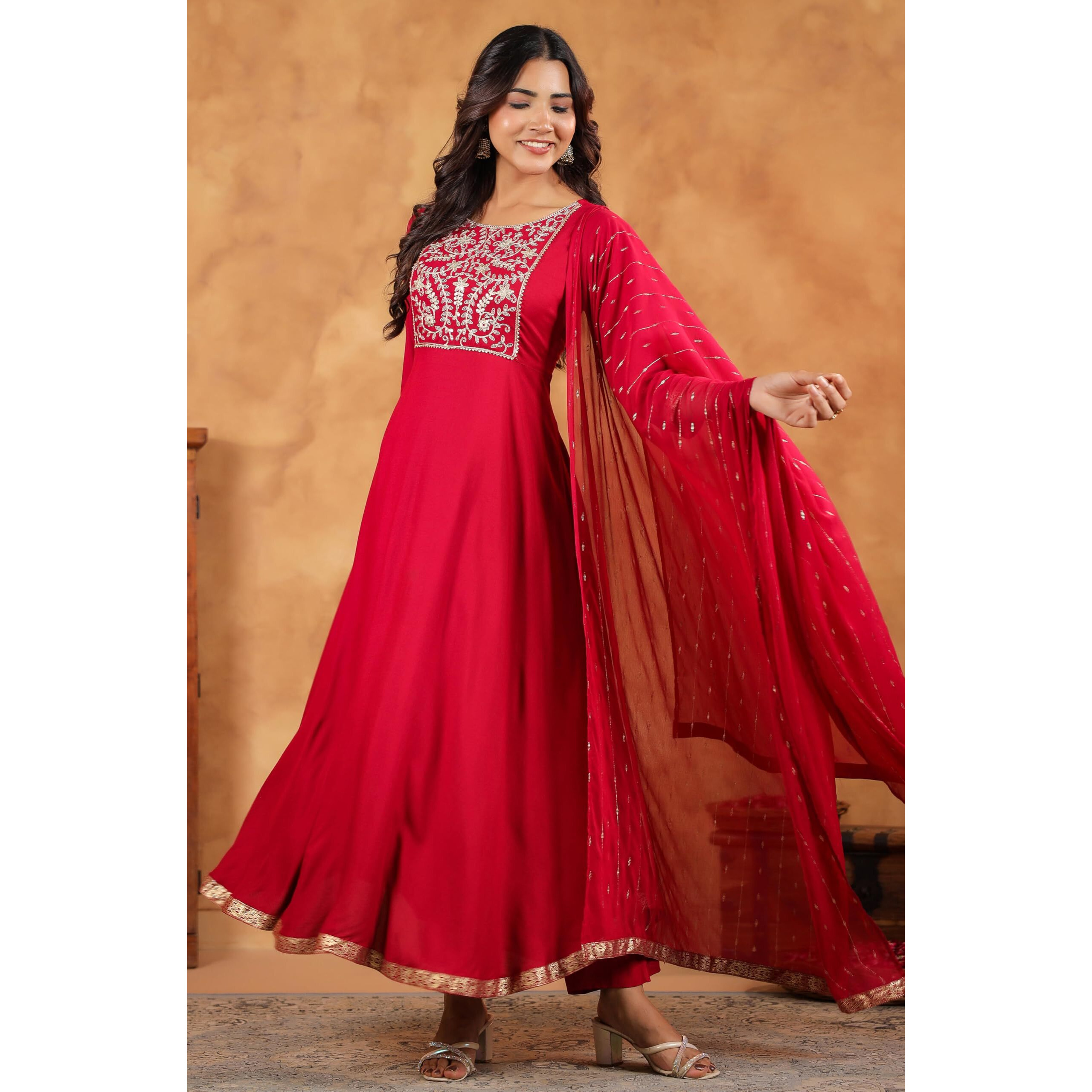 Janasya Women's Pink Rayon Embroidered Anarkali Kurta Set (JAB24ST00971-L)