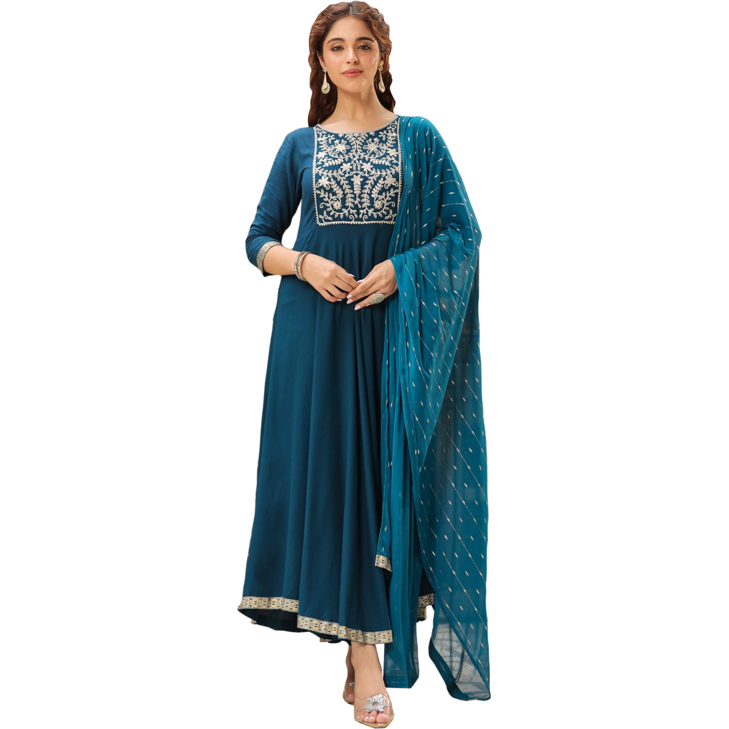 Janasya Indian Women's Teal Blue Rayon Embroidered Anarkali Kurta with Pant & Dupatta Set (JAB24ST00969-L)