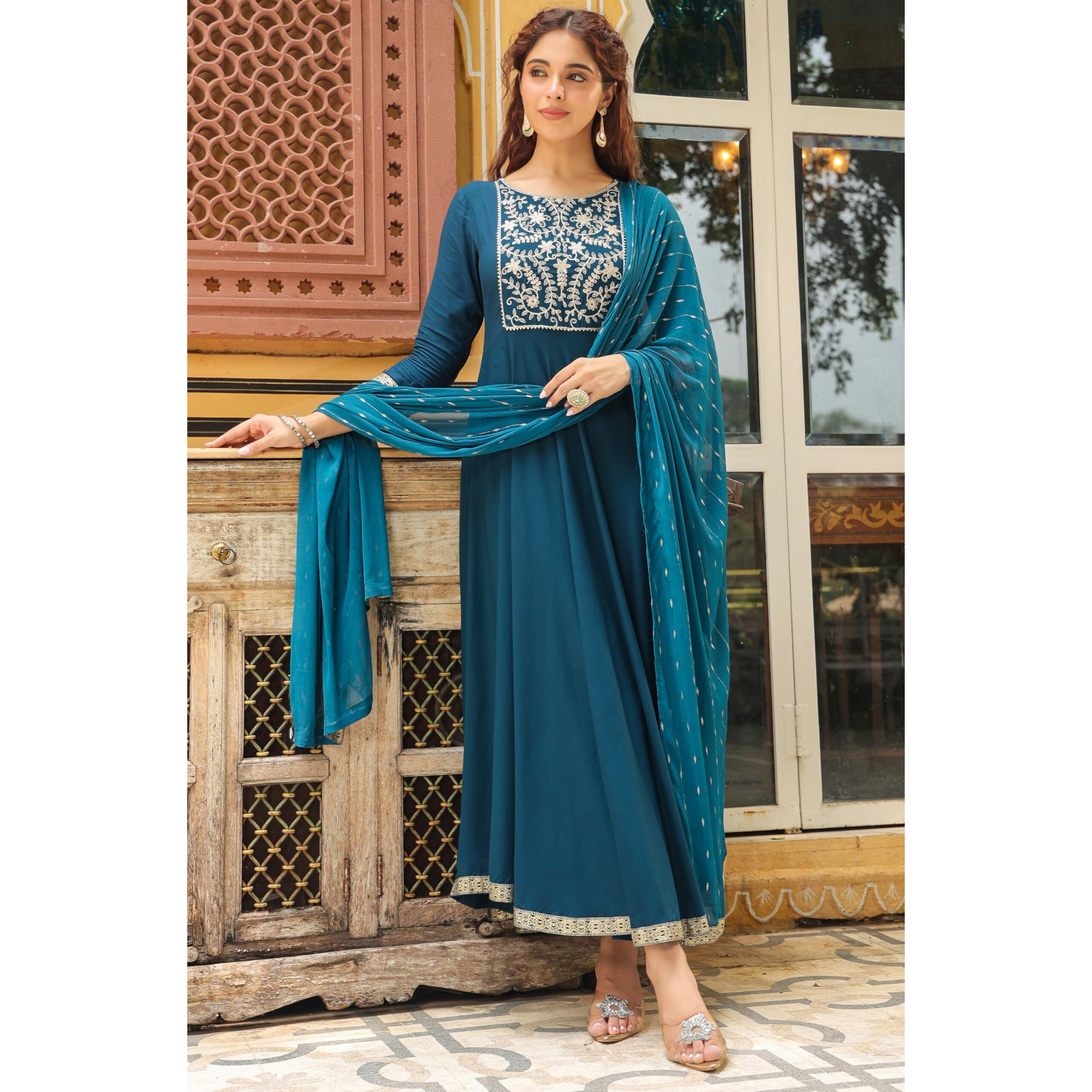 Janasya Indian Women's Teal Blue Rayon Embroidered Anarkali Kurta with Pant & Dupatta Set (JAB24ST00969-L)