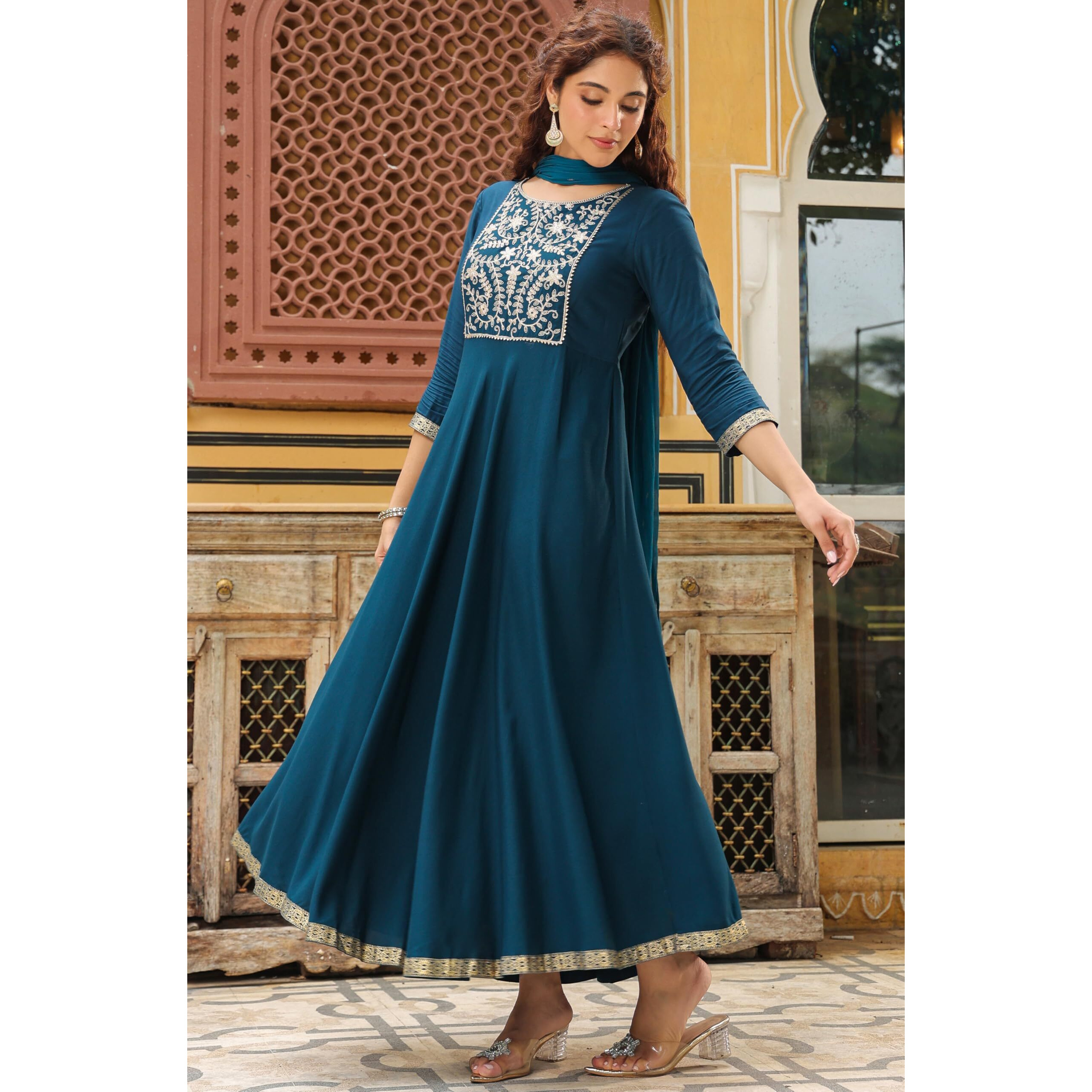 Janasya Indian Women's Teal Blue Rayon Embroidered Anarkali Kurta with Pant & Dupatta Set (JAB24ST00969-L)