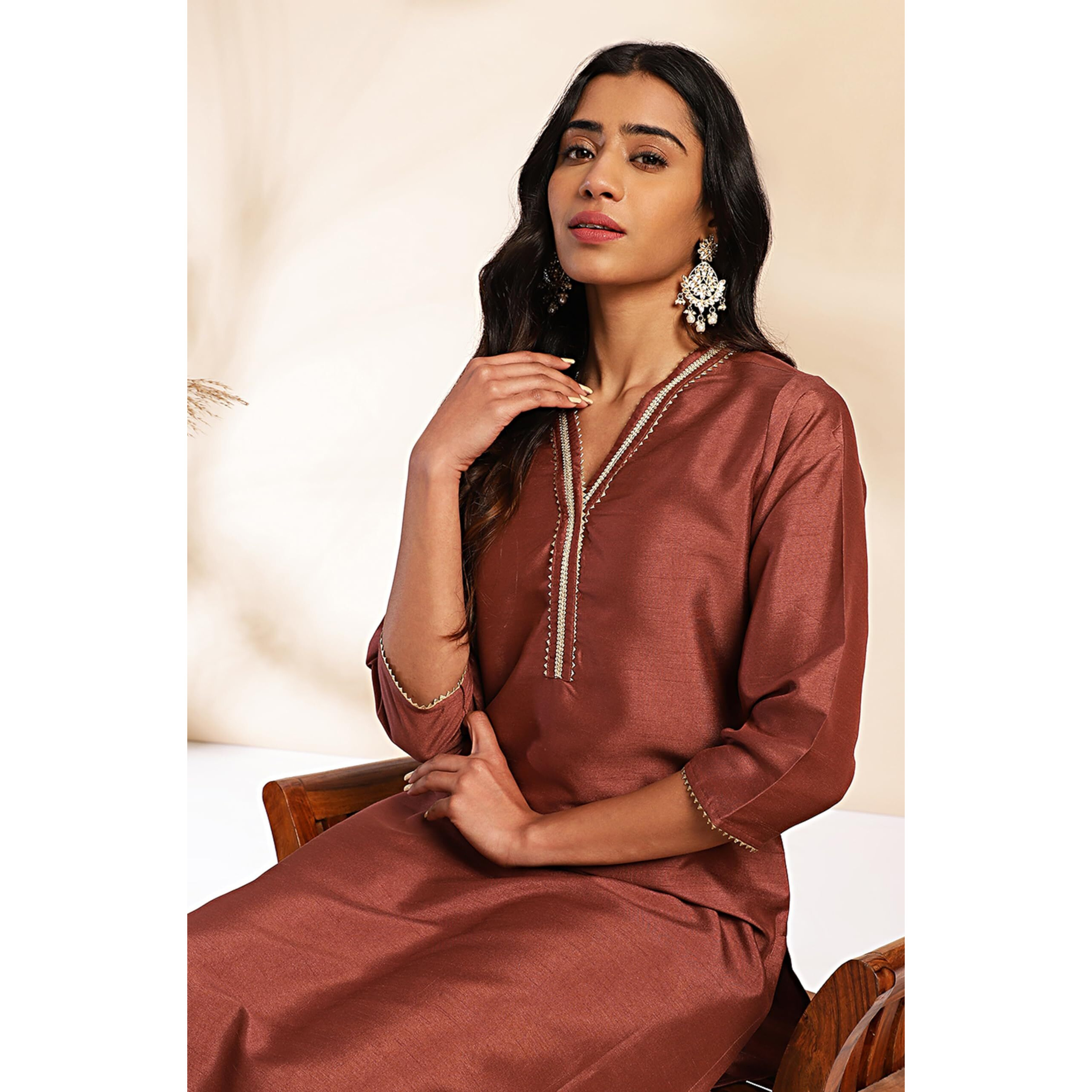 Janasya Women's Brown Crepe Silk Yoke Design Straight Kurta Set (JAC24ST00043-J-S)