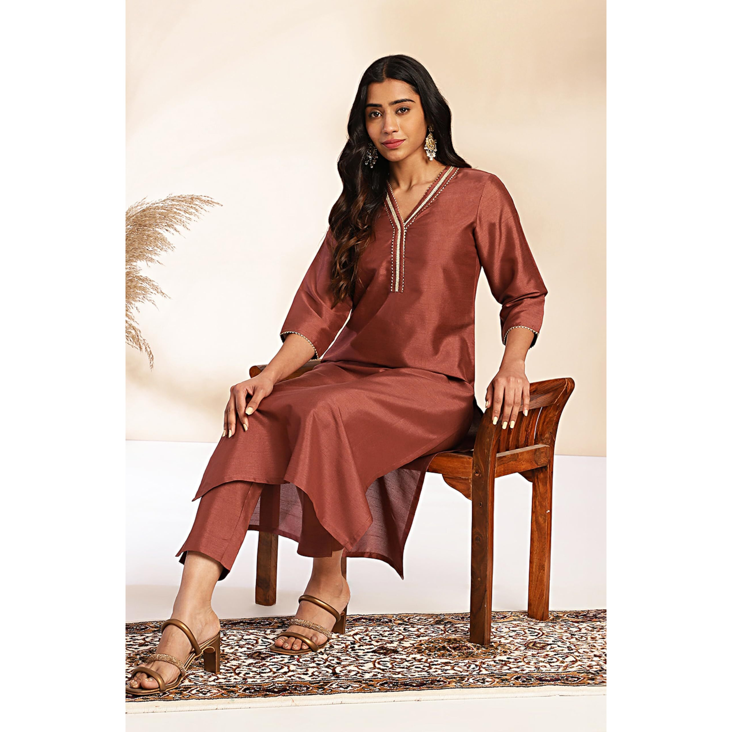 Janasya Women's Brown Crepe Silk Yoke Design Straight Kurta Set (JAC24ST00043-J-S)
