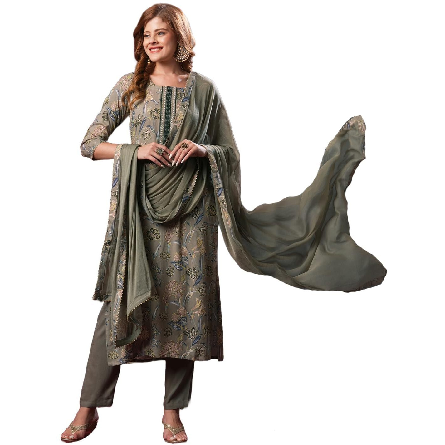 GoSriKi Women's Rayon Blend Printed Straight Kurta with Pant & Dupatta (VICE Grey-VKS02-GS_XL_Grey_X-Large)