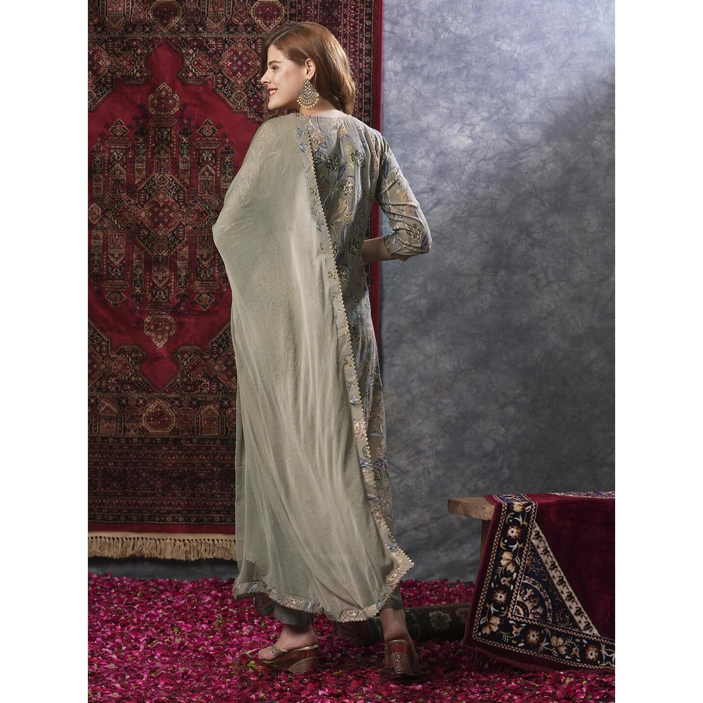 GoSriKi Women's Rayon Blend Printed Straight Kurta with Pant & Dupatta (VICE Grey-VKS02-GS_XL_Grey_X-Large)