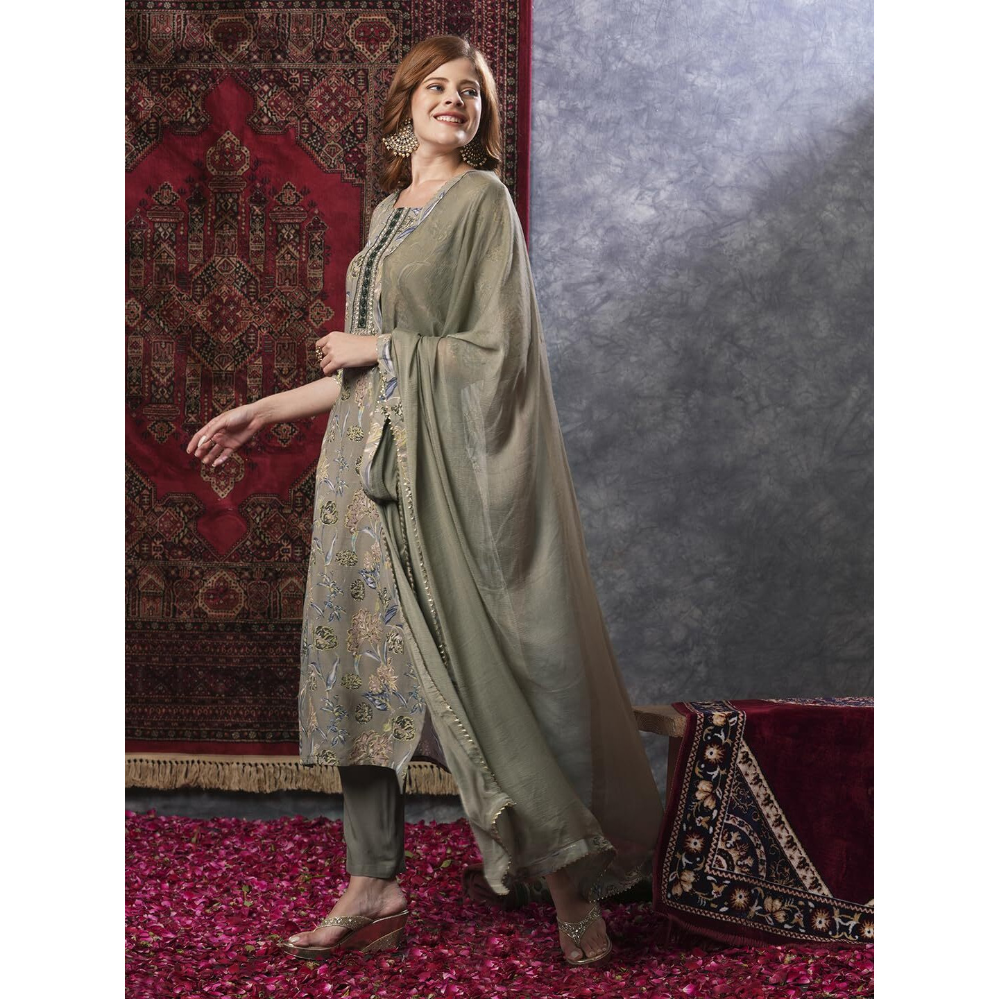 GoSriKi Women's Rayon Blend Printed Straight Kurta with Pant & Dupatta (VICE Grey-VKS02-GS_XL_Grey_X-Large)