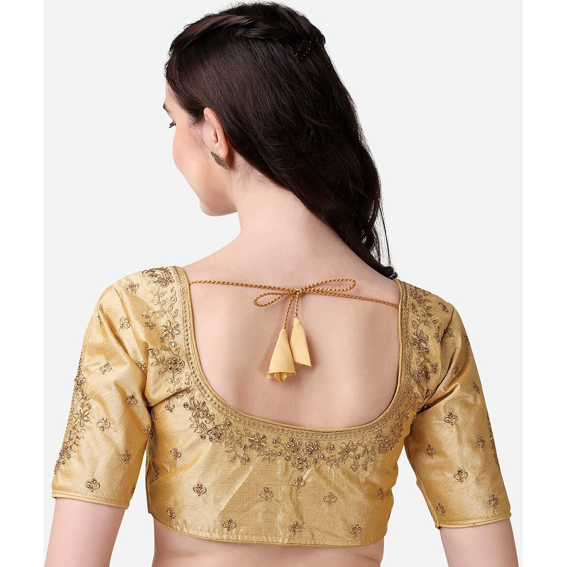 Pujia Mills Women's Silk Embroidery Coding Multi Work Readymade Saree Blouse(Reshma Gold_38)