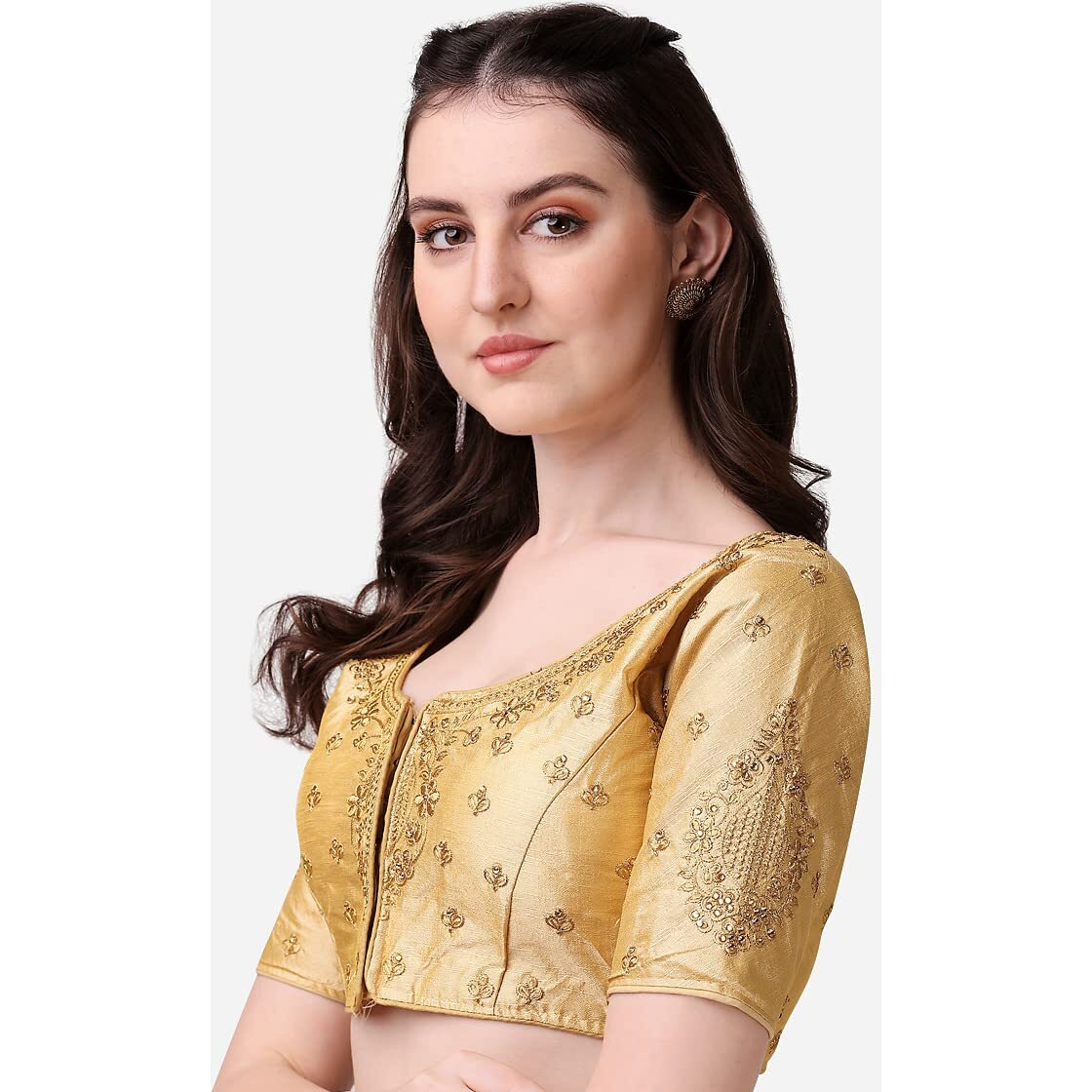 Pujia Mills Women's Silk Embroidery Coding Multi Work Readymade Saree Blouse(Reshma Gold_38)