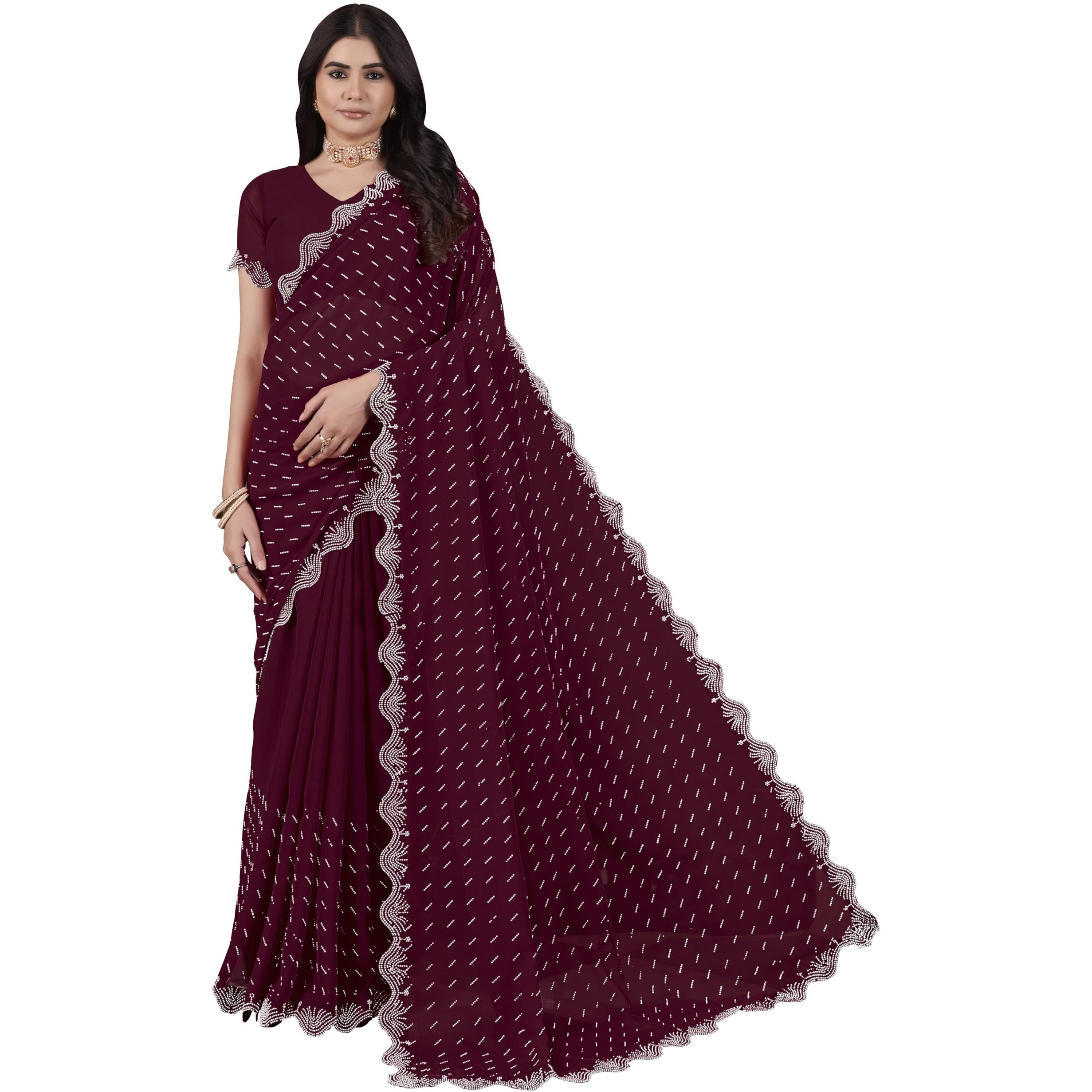 Glory Sarees Women's Georgette Swarovski Saree With Blouse Piece (SwarovskiSarees_Maroon)