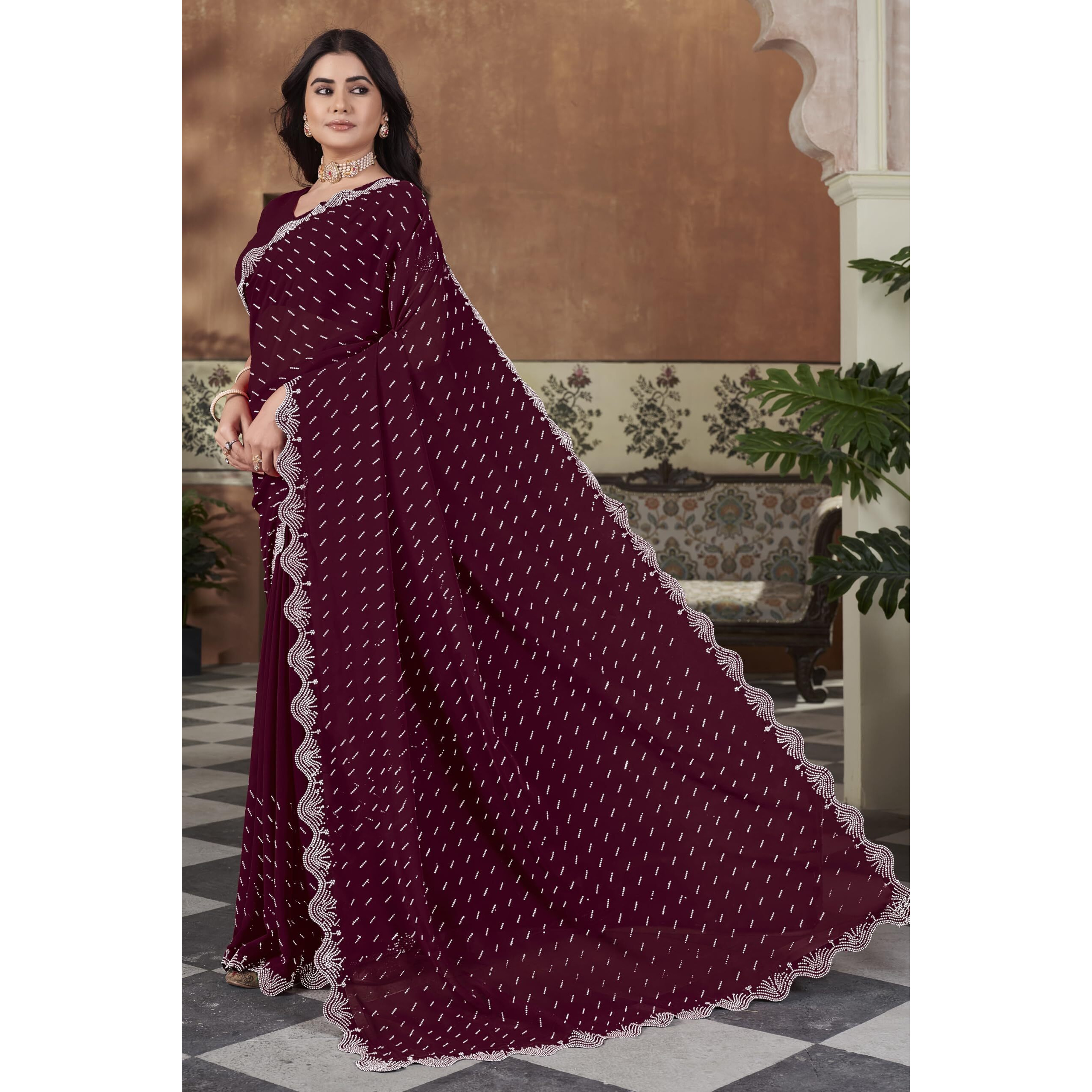 Glory Sarees Women's Georgette Swarovski Saree With Blouse Piece (SwarovskiSarees_Maroon)