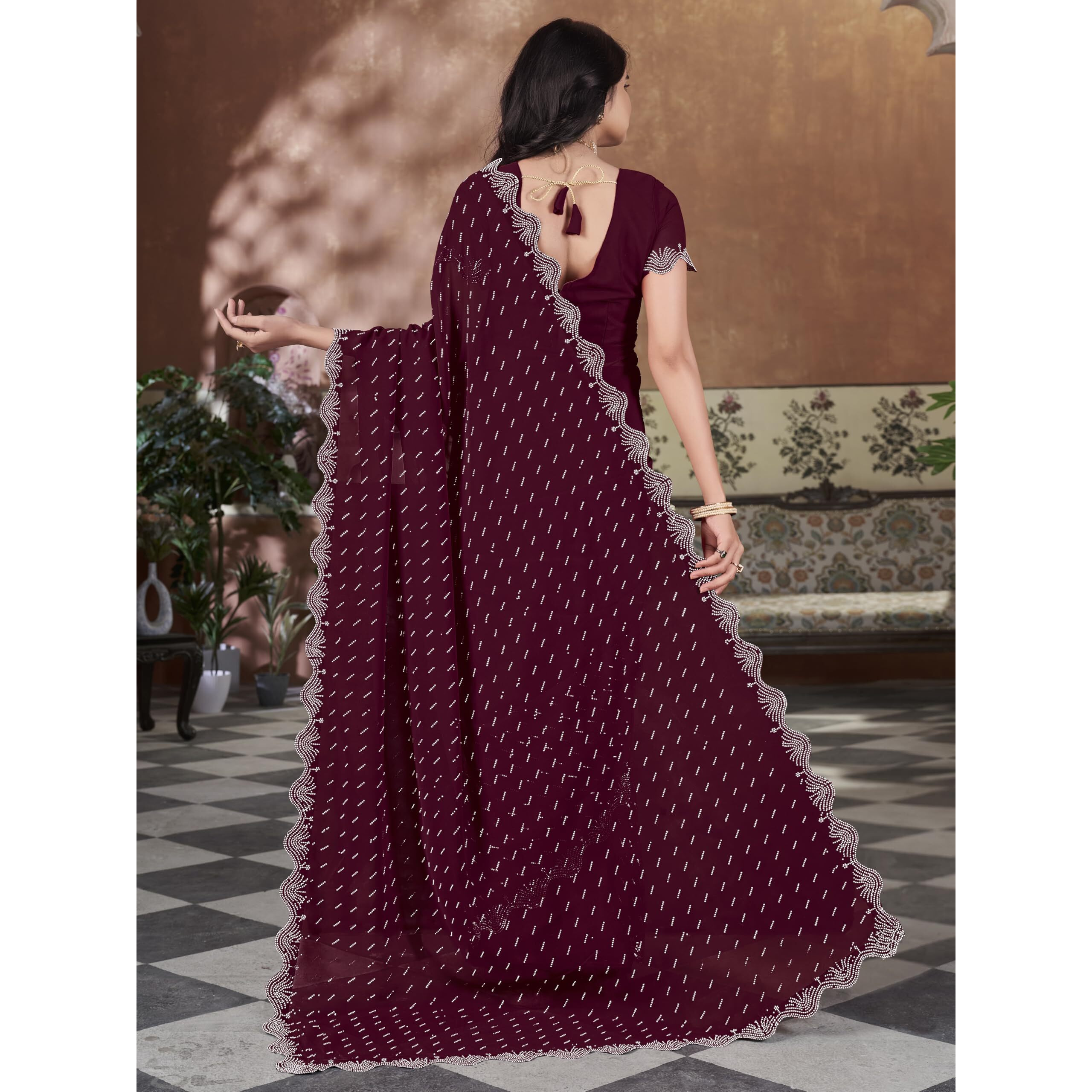 Glory Sarees Women's Georgette Swarovski Saree With Blouse Piece (SwarovskiSarees_Maroon)