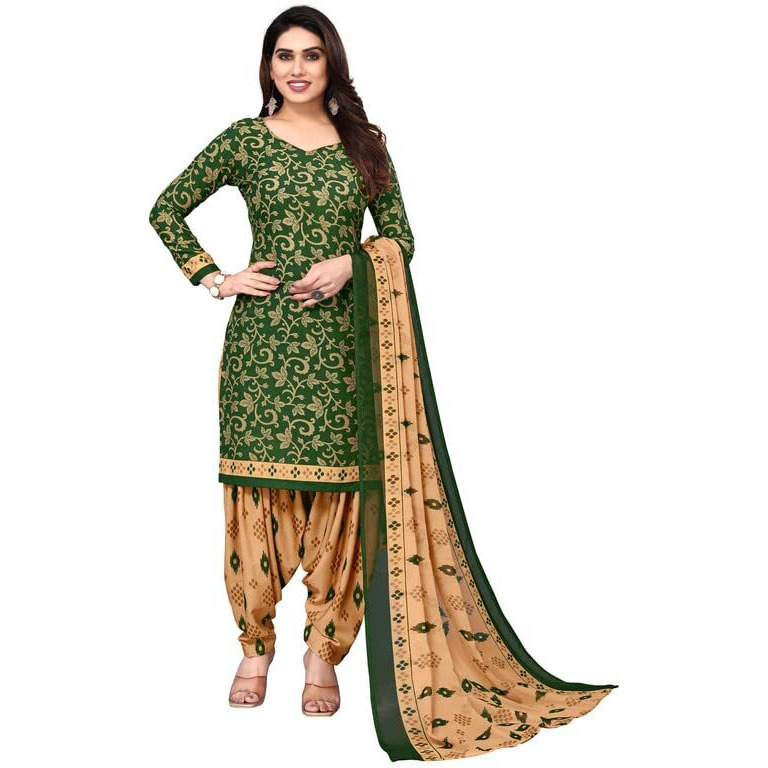 SICHI Women's Printed Crepe Unstitched Dress Material(1182D1323N_Green & Brown)