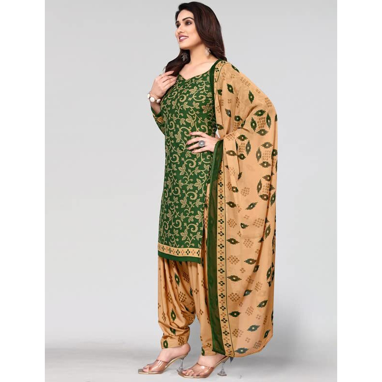 SICHI Women's Printed Crepe Unstitched Dress Material(1182D1323N_Green & Brown)