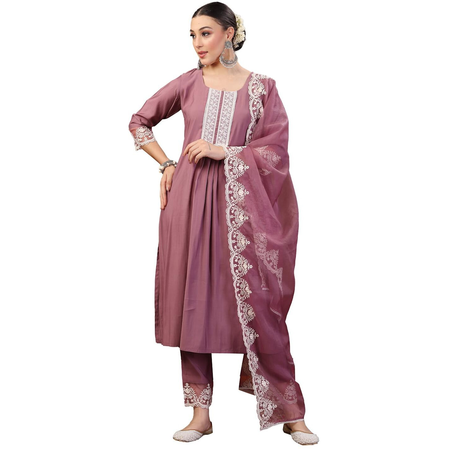 Stylum Women's Embroidered Silk Blend Straight Kurta Pant Dupatta Set (KPDMAUVERAJNI44_Mauve, XXL)