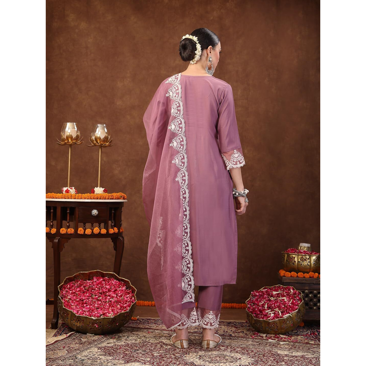 Stylum Women's Embroidered Silk Blend Straight Kurta Pant Dupatta Set (KPDMAUVERAJNI44_Mauve, XXL)