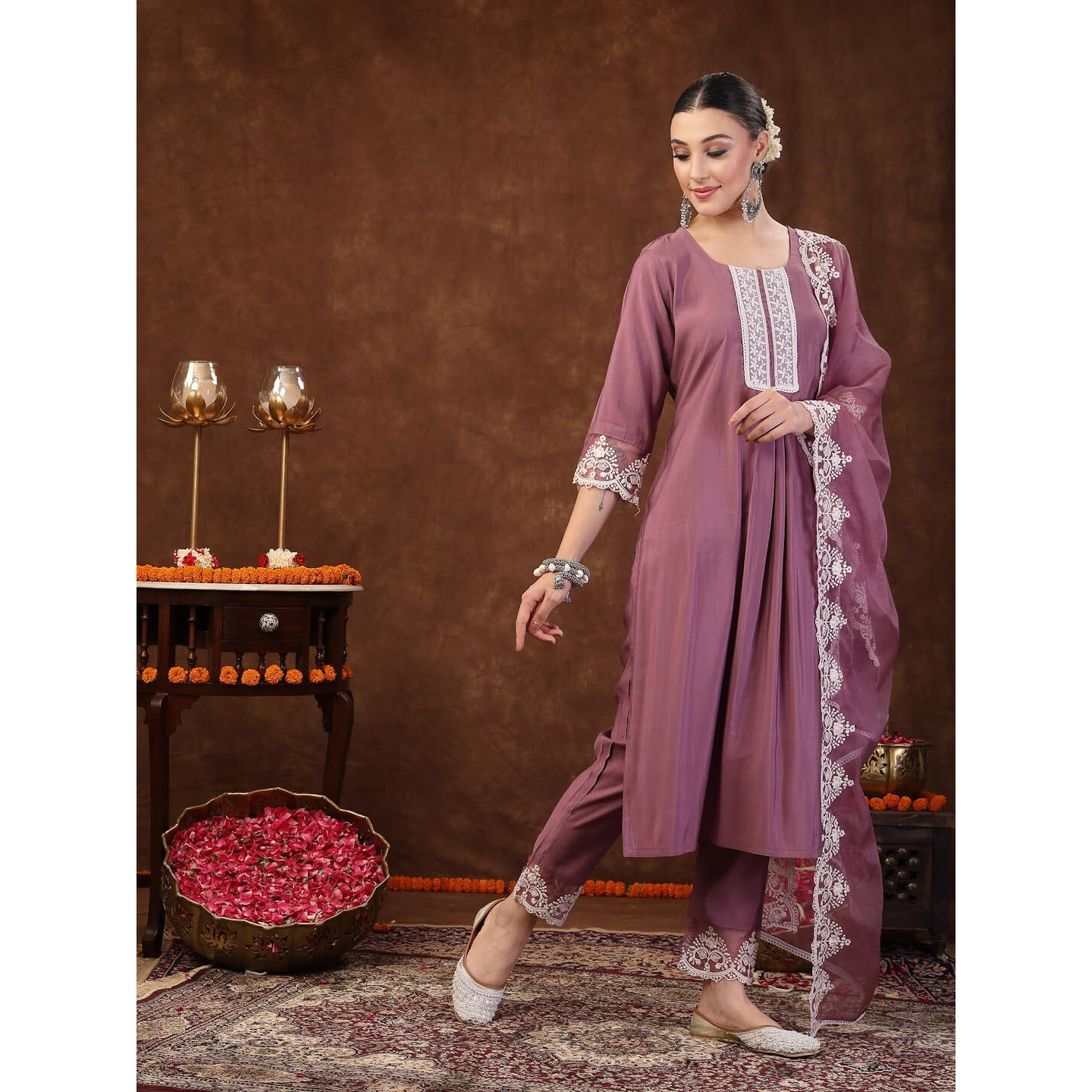 Stylum Women's Embroidered Silk Blend Straight Kurta Pant Dupatta Set (KPDMAUVERAJNI44_Mauve, XXL)