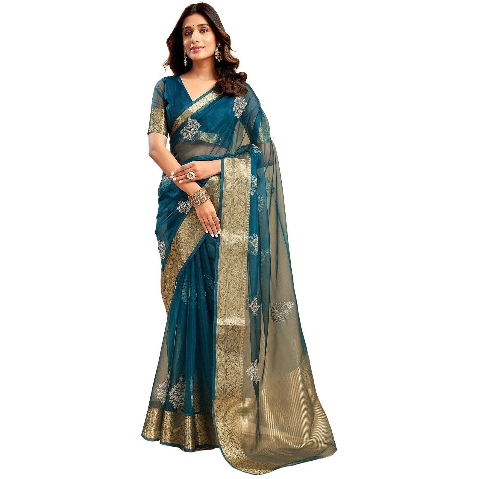 Satrani Women's Organza Sequins Embroidery Jacquard Saree with Unstitched Blouse Piece (4031S651N_Teal Blue)