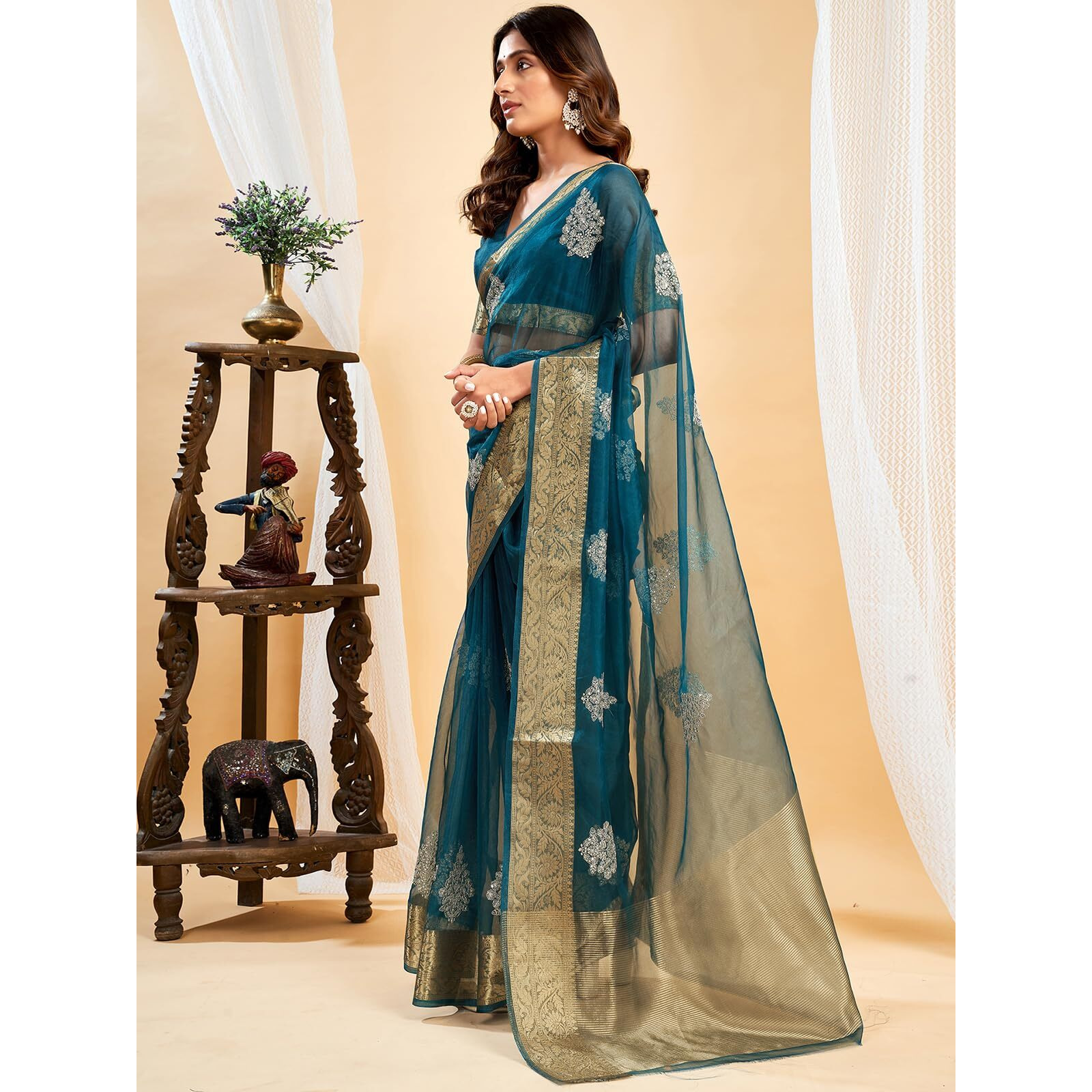 Satrani Women's Organza Sequins Embroidery Jacquard Saree with Unstitched Blouse Piece (4031S651N_Teal Blue)