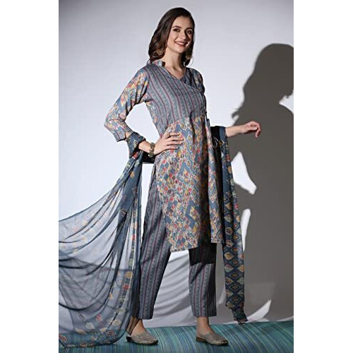 GRECIILOOKS Womens Cotton Casual Regular Fit Kurta Set (Grey, Medium)