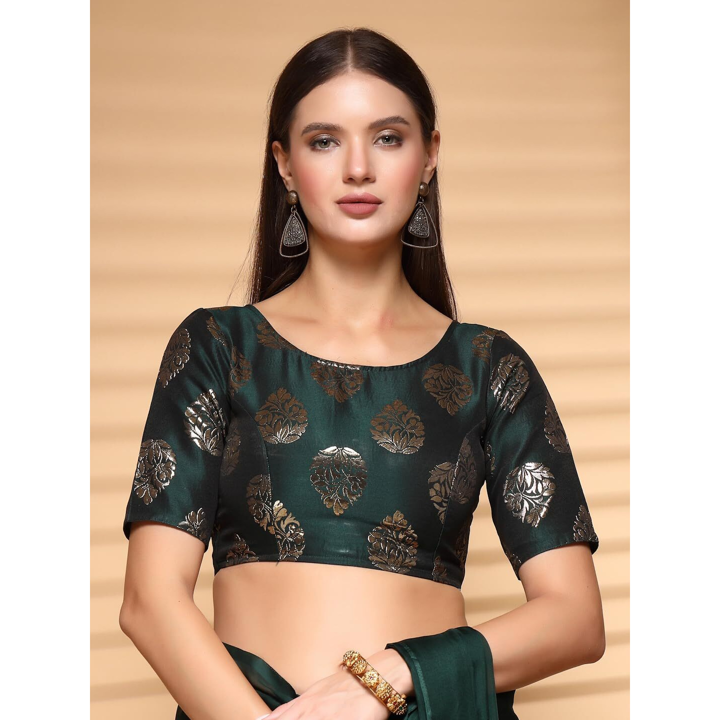 OOMPH Women's Indian Ethnic Wear Designer Big Paisley Pattern Zari Work Boat Neck Half Sleeve Forest Green Color Brocade Readymade Blouse for Saree or Lehnga and Fusion Twist. L