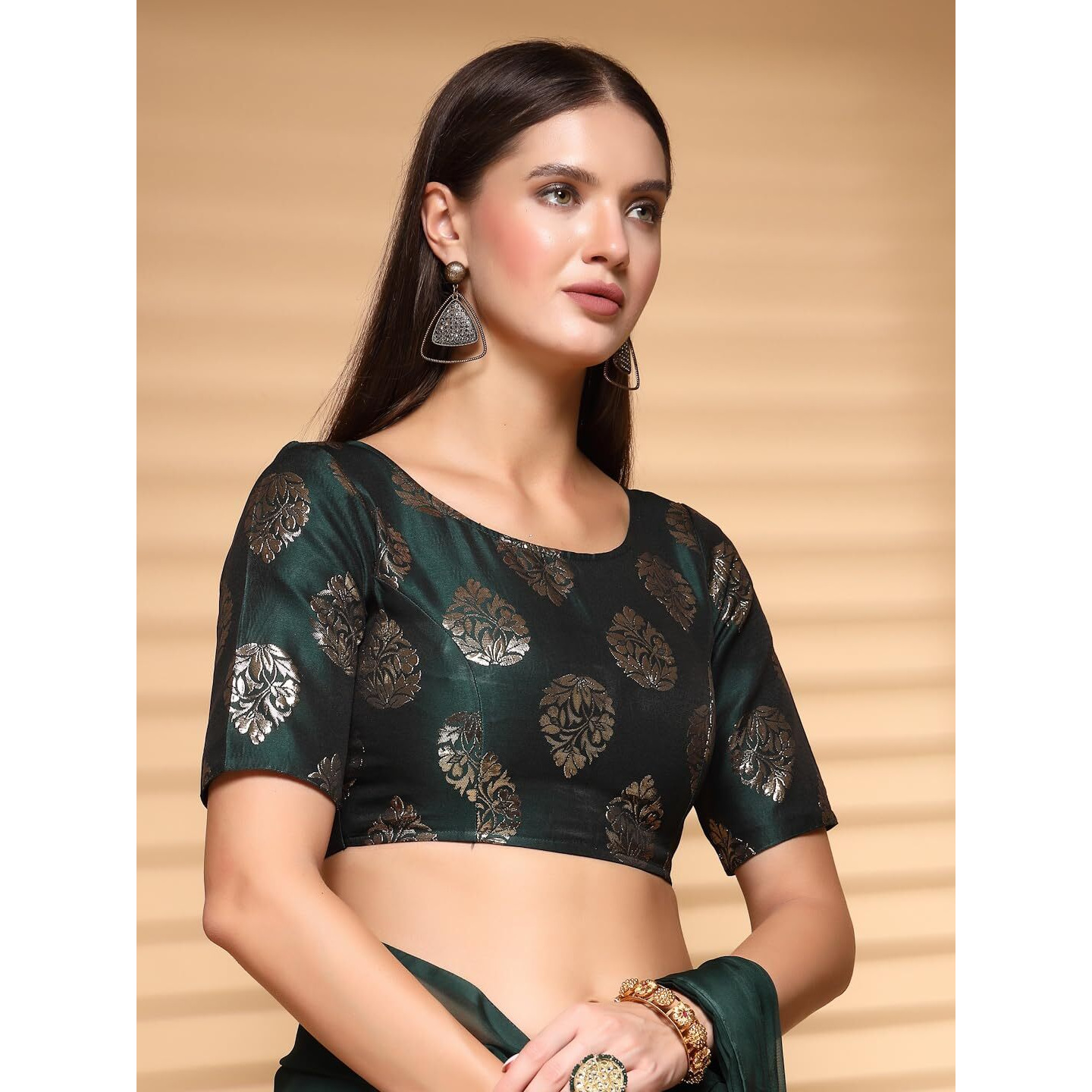OOMPH Women's Indian Ethnic Wear Designer Big Paisley Pattern Zari Work Boat Neck Half Sleeve Forest Green Color Brocade Readymade Blouse for Saree or Lehnga and Fusion Twist. L