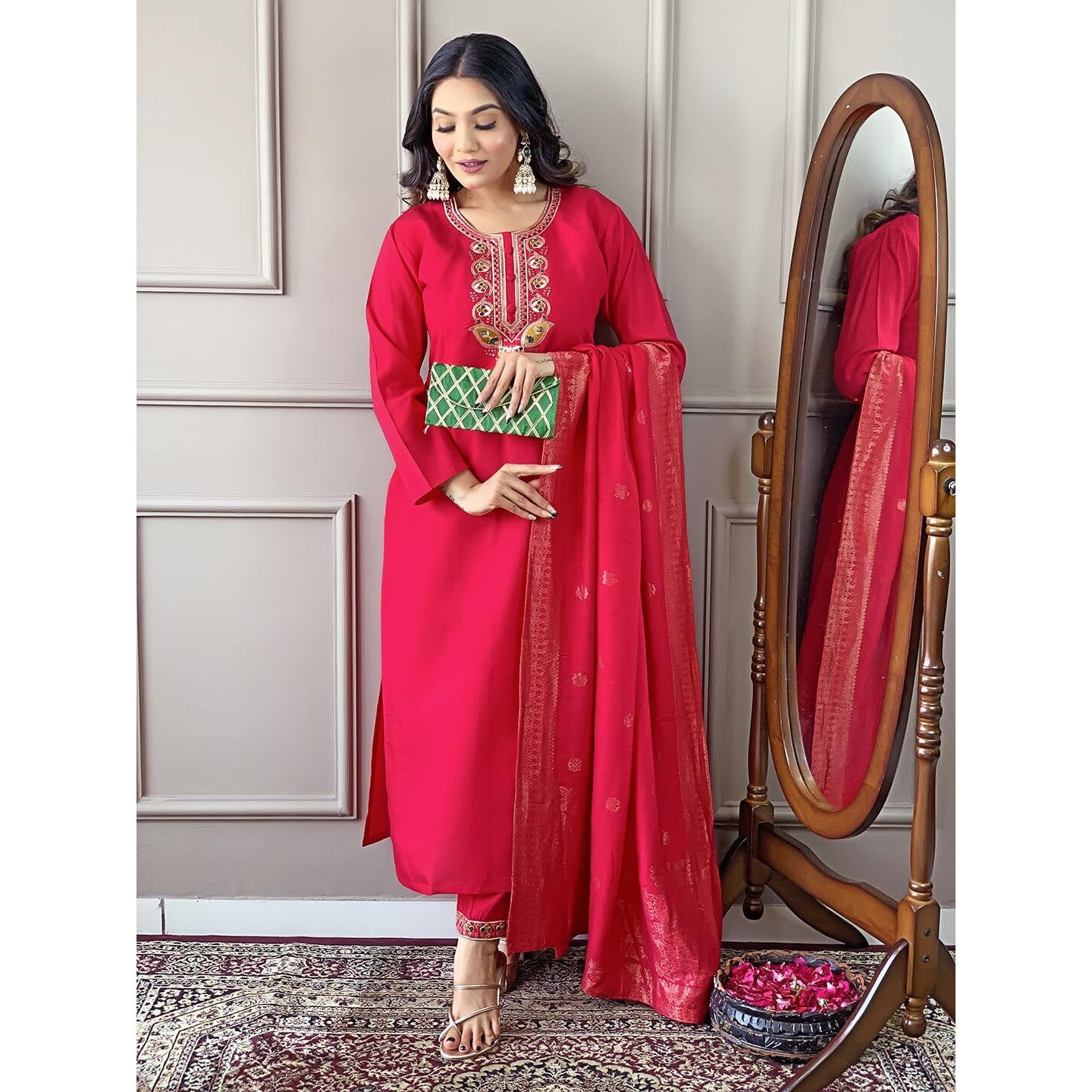 Women's Gajri Viscose Chanderi Embroidered Straight Kurta with Viscose Chanderi Pant and Naylon Jacquard Laced Dupatta Sets (NX-S-Kangana-Gajri-M)