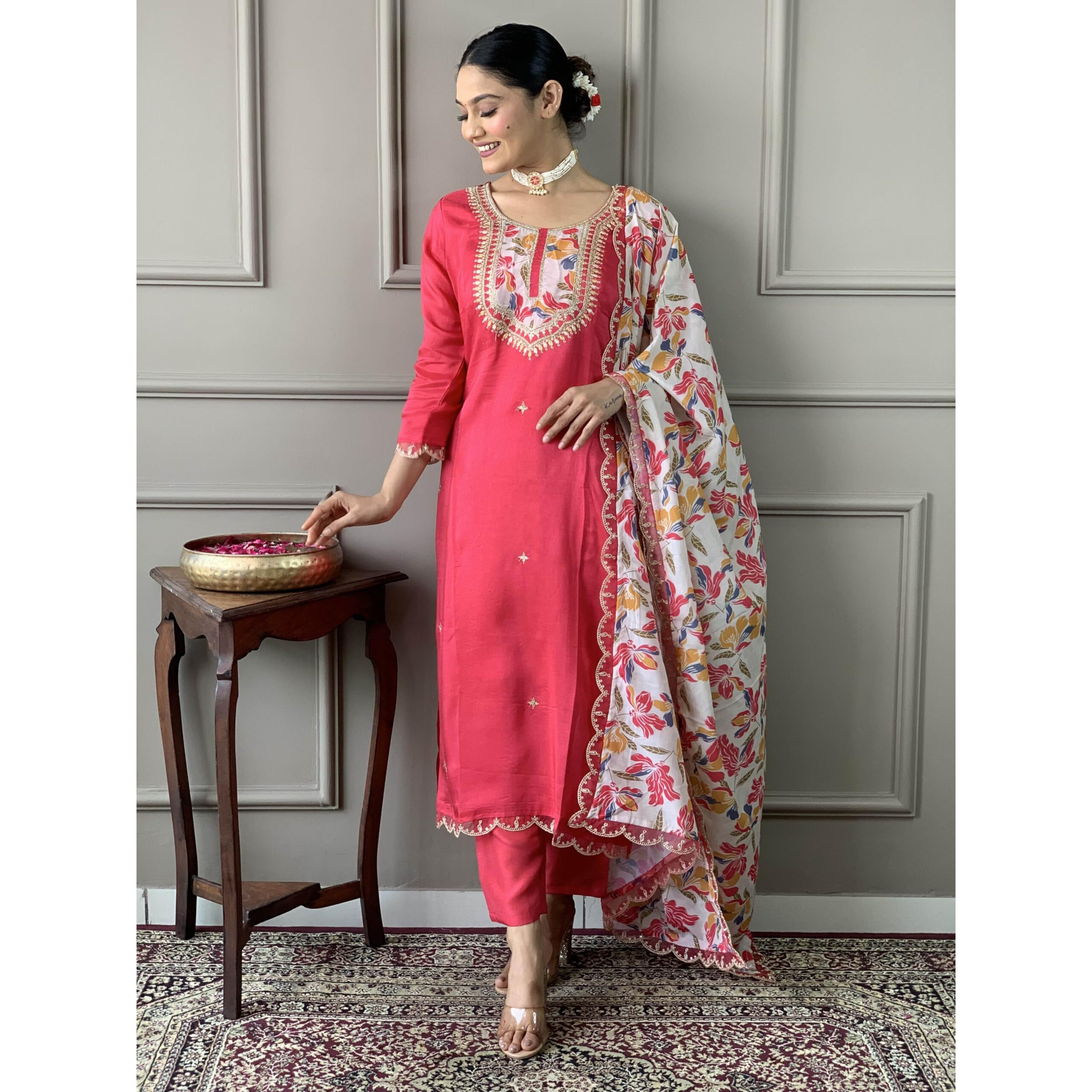Naixa Women's Red BSY Viscose Embroidered Straight Kurta with BSY Viscose Pant and Chanderi Silk Printed Dupatta Sets (NX-544-Red-L)