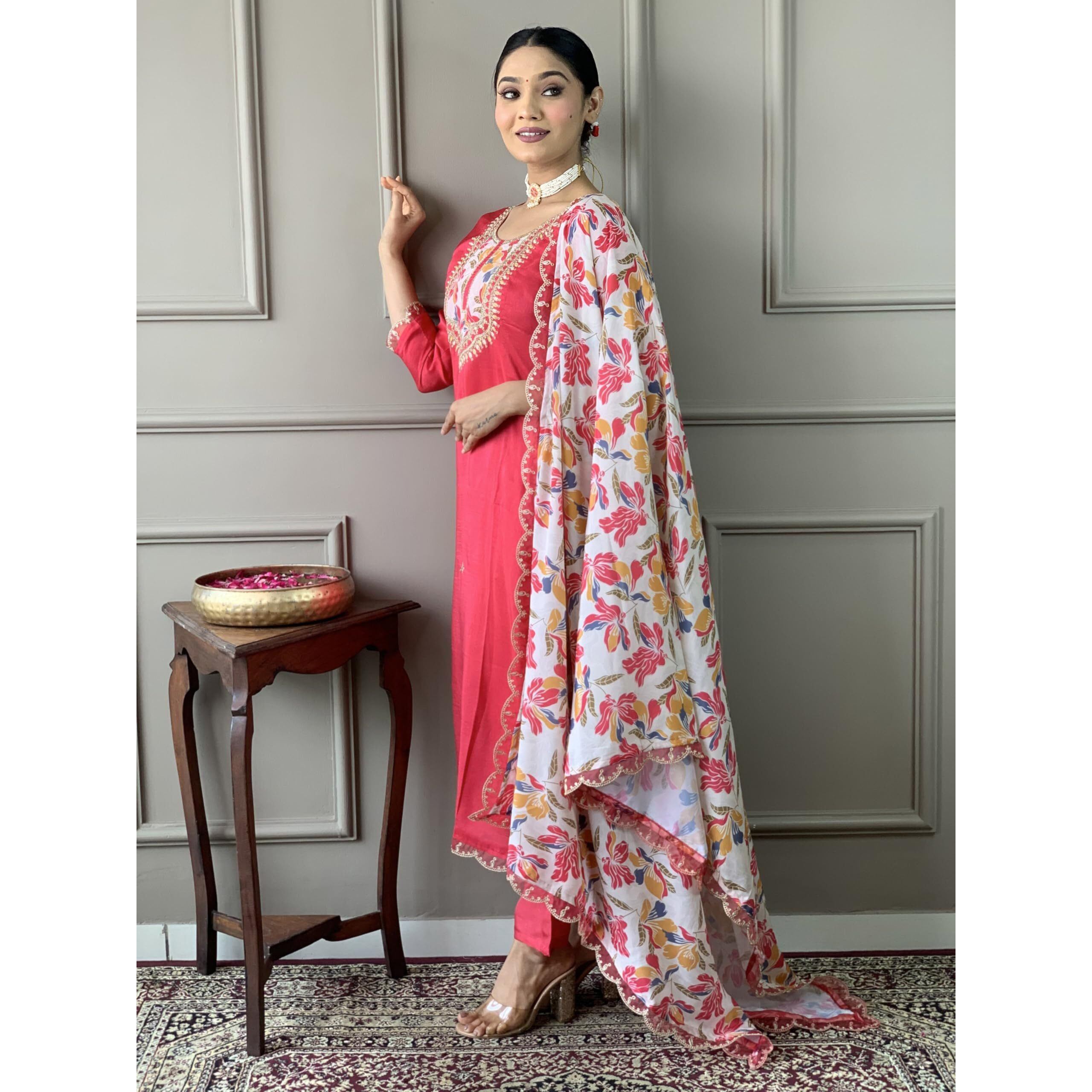 Naixa Women's Red BSY Viscose Embroidered Straight Kurta with BSY Viscose Pant and Chanderi Silk Printed Dupatta Sets (NX-544-Red-L)