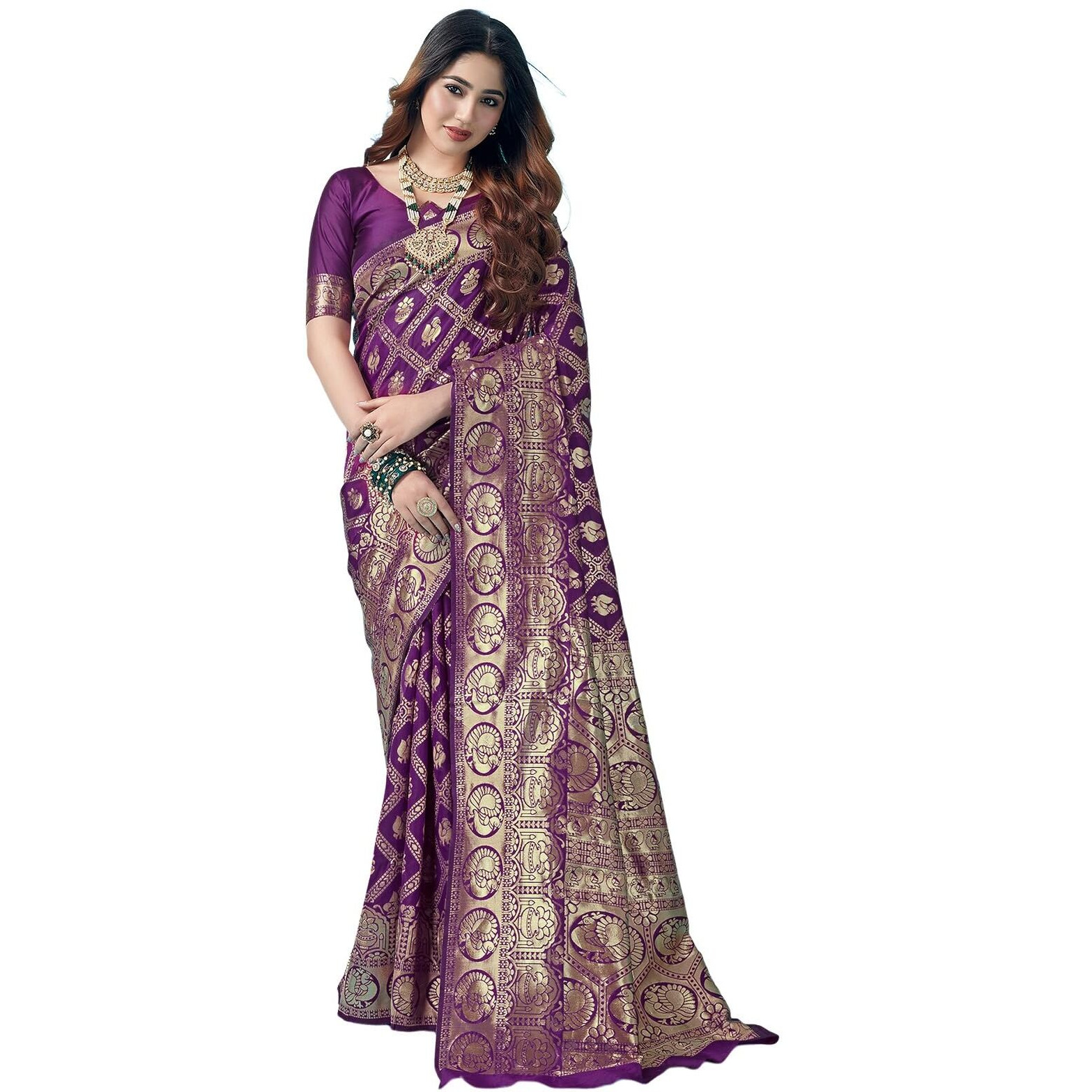 SWARON Women's Art Silk Banarasi Jacquard Saree with Unstitched Blouse Piece (3412S153NW_Dark Purple & Gold1)