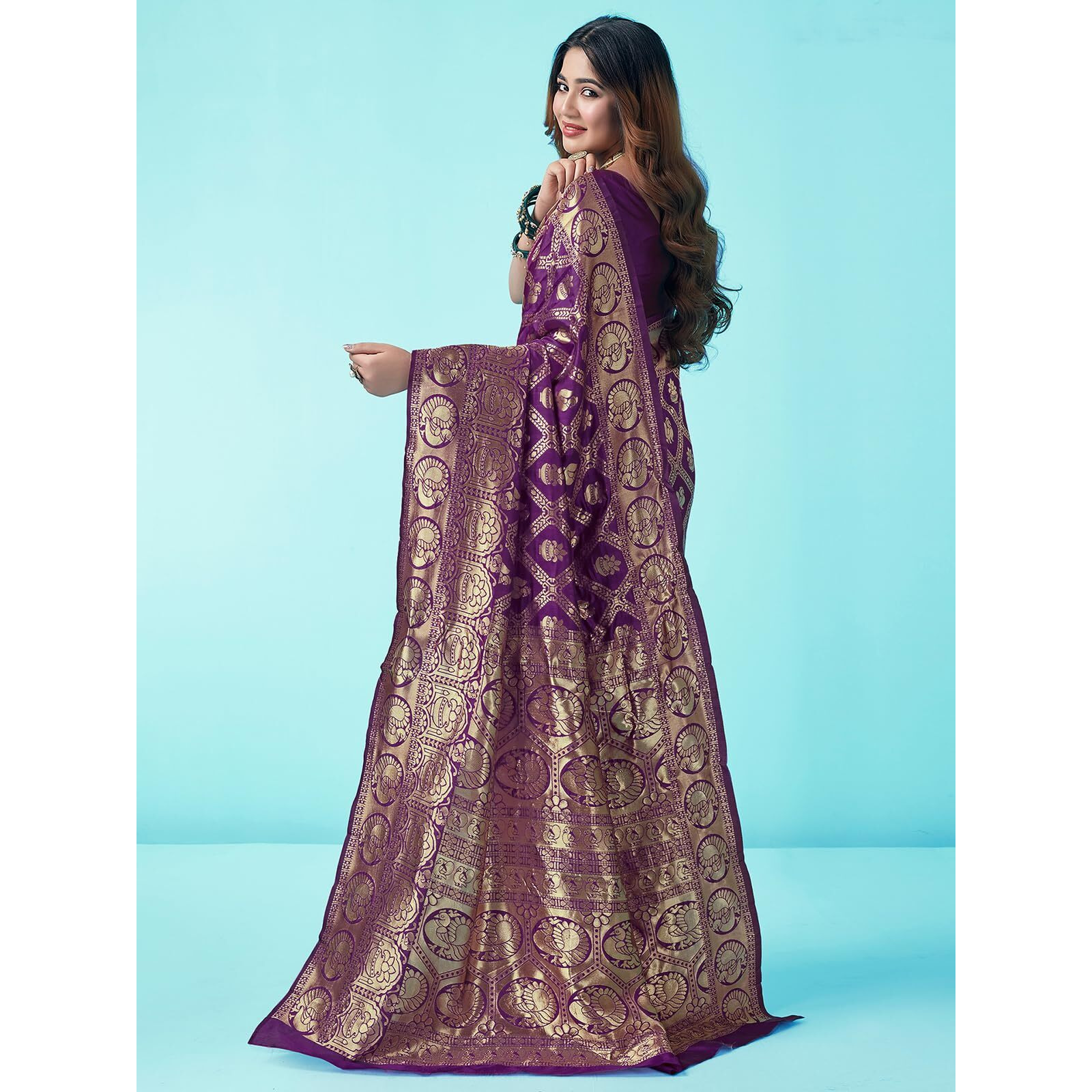 SWARON Women's Art Silk Banarasi Jacquard Saree with Unstitched Blouse Piece (3412S153NW_Dark Purple & Gold1)